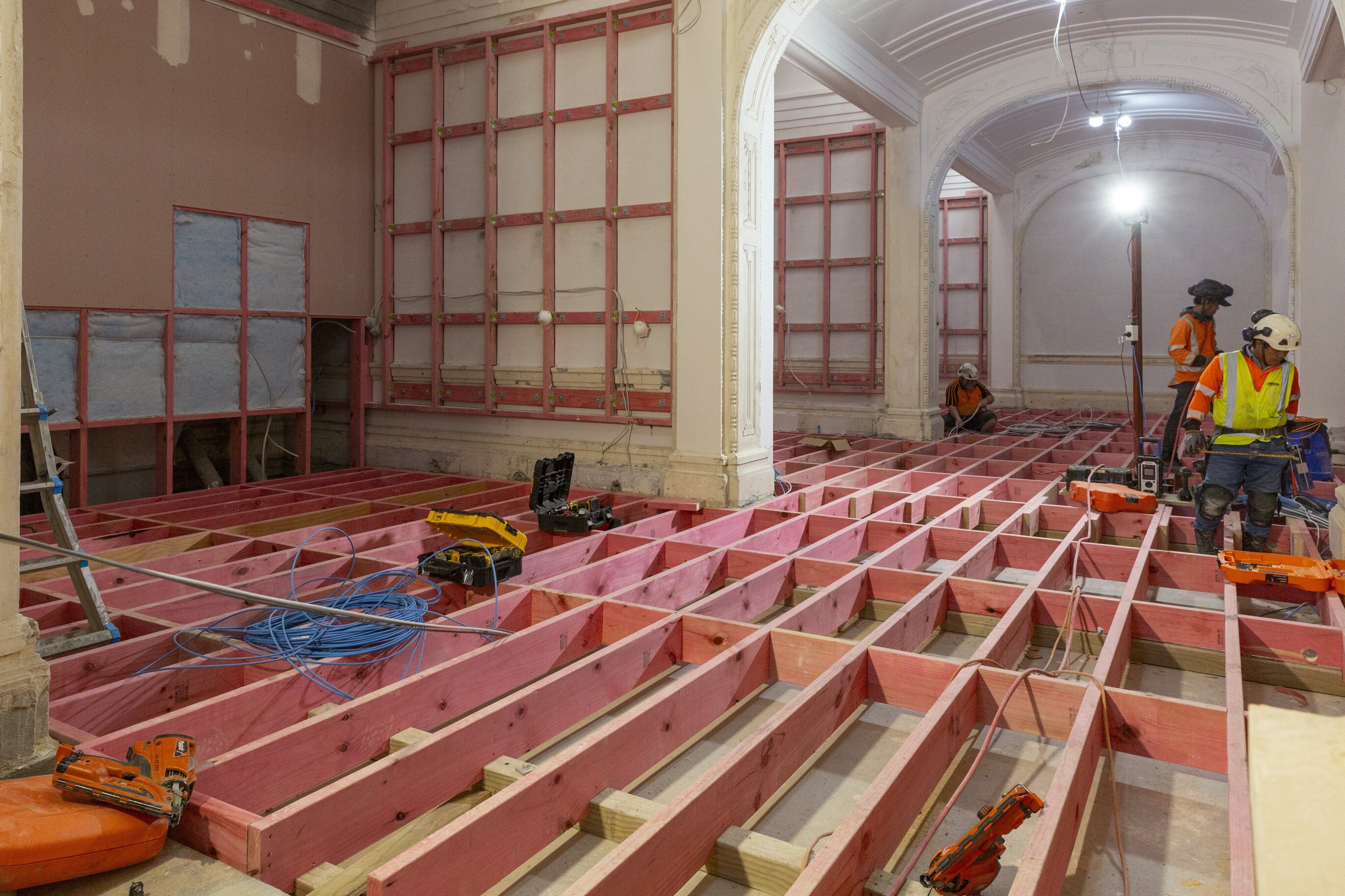 New floor joists have been laid inside the original gallery building.