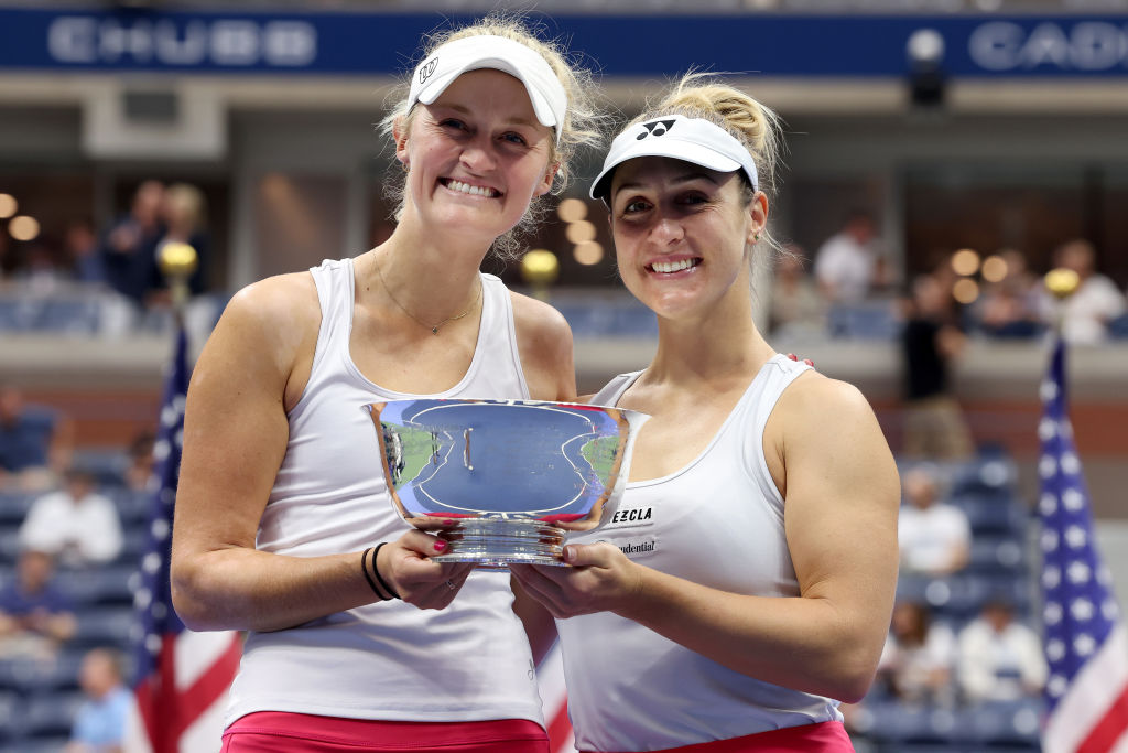 Erin Routliffe (left) and Gabriela Dabrowski celebrate after winning the women's doubles title at the US Open. Photo / Getty Images