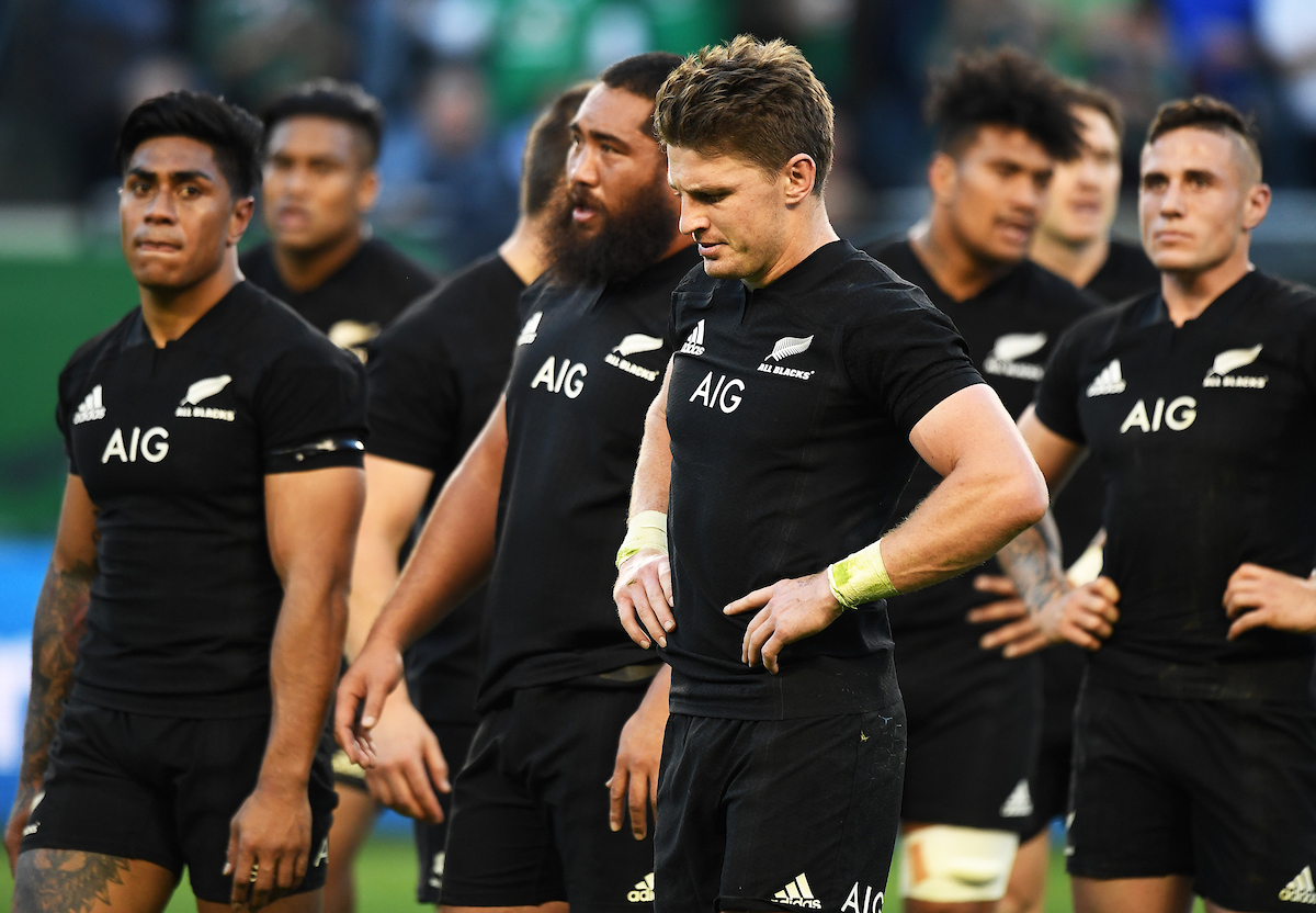 Beaduen Barrett and teammates dejected after losing to Ireland. Photo / Photosport