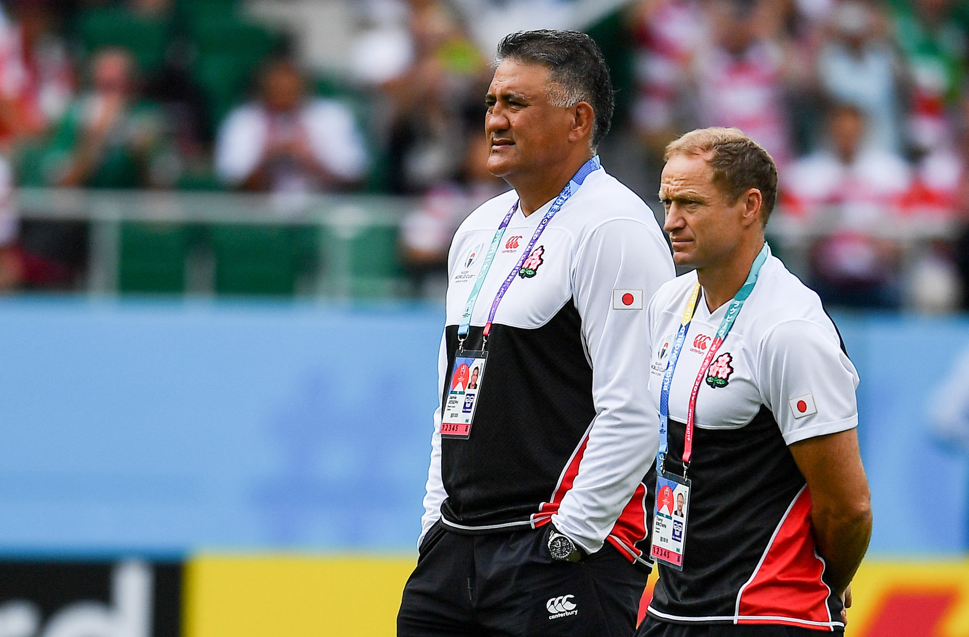 Japan head coach Jamie Joseph and attack coach Tony Brown during the 2019 Rugby World Cup. Photo / Getty