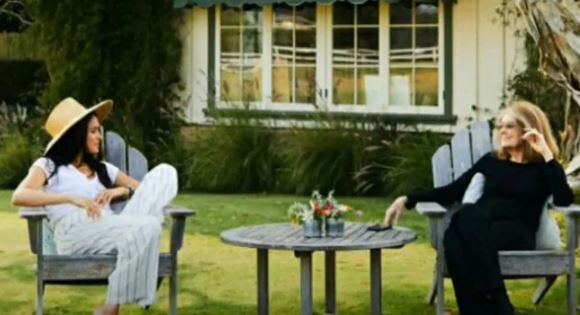 Meghan Markle in conversation with Gloria Steinem. Photo / YouTube