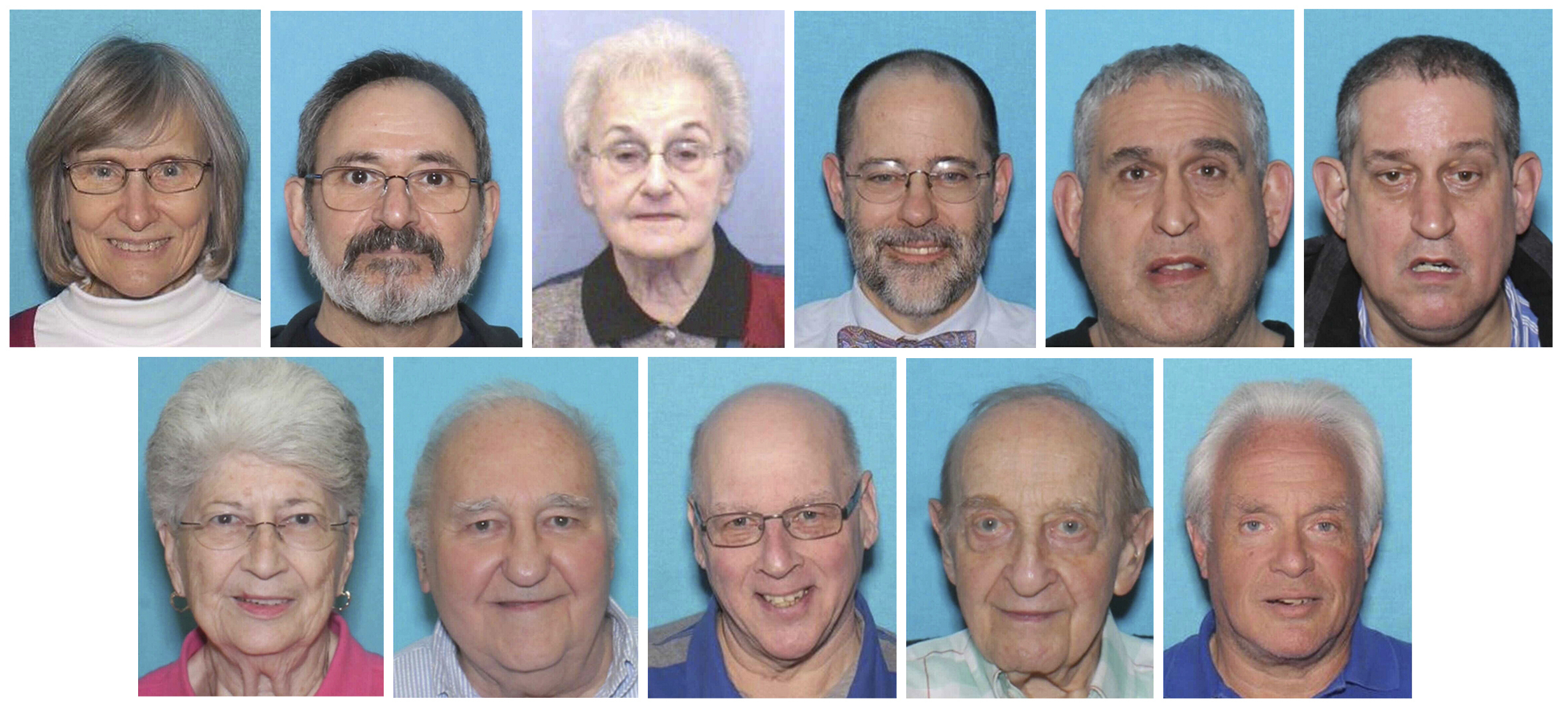 In this combo image made from photos provided by the United States District Court Western District of Pennsylvania are the victims of the Oct. 27, 2018, assault on the Tree of Life synagogue in Pittsburgh.. top row, from left, Joyce Fienberg, Richard Gottfried, Rose Mallinger, Jerry Rabinowitz, Cecil Rosenthal, and David Rosenthal; bottom row, from left, Bernice Simon, Sylvan Simon, Dan Stein, Melvin Wax, and Irving Younger. Photo / AP