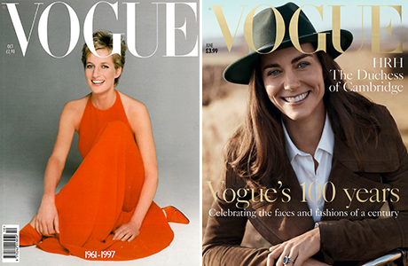 Two of Shulman's famous British Vogue covers featuring Princess Diana, left, and the Duchess of Cambridge. Pictures / Supplied