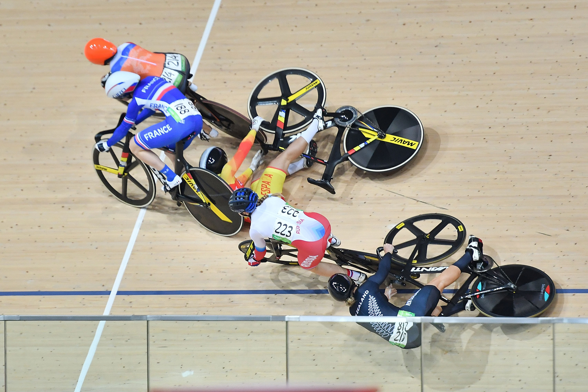 Podmore goes down in the crash during the Women's Keirin. Photo / Photosport