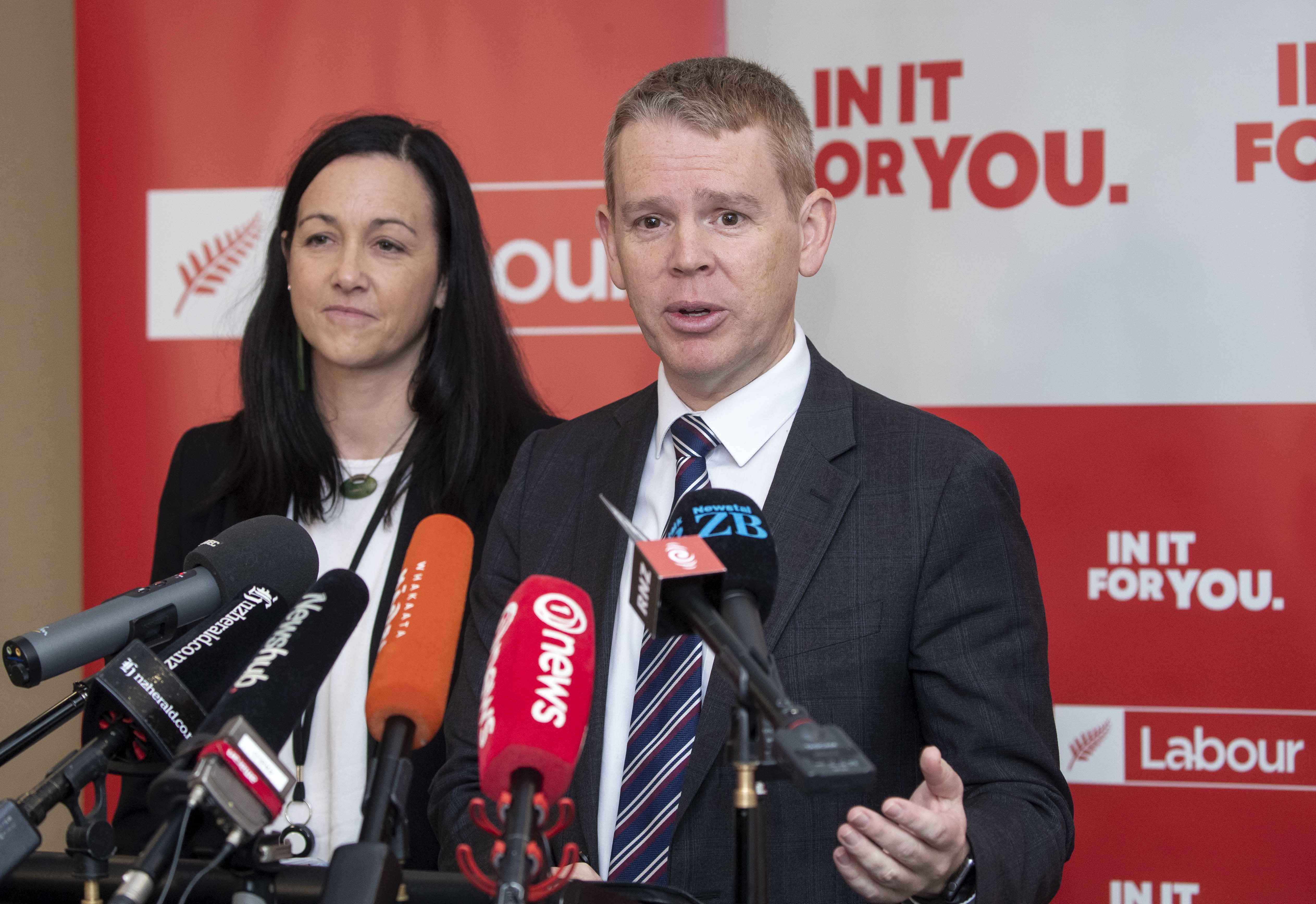 Prime Minister and Labour leader Chris Hipkins alongside Labour president Jill Day as they announce the party's list for the upcoming election. Photo / Mark Mitchell