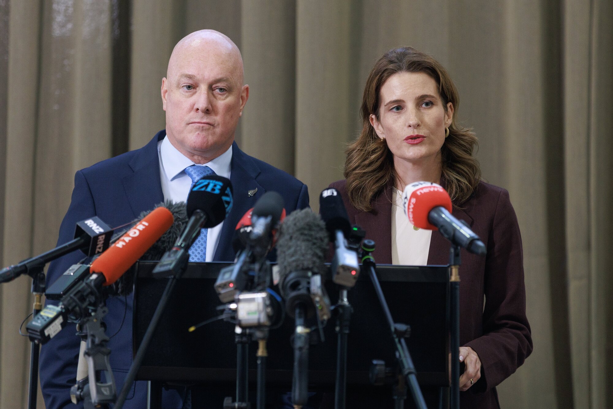 Prime Minister Christopher Luxon and Finance Minister Nicola Willis announcing the Government’s fuel assistance package. Photo / Mark Mitchell
