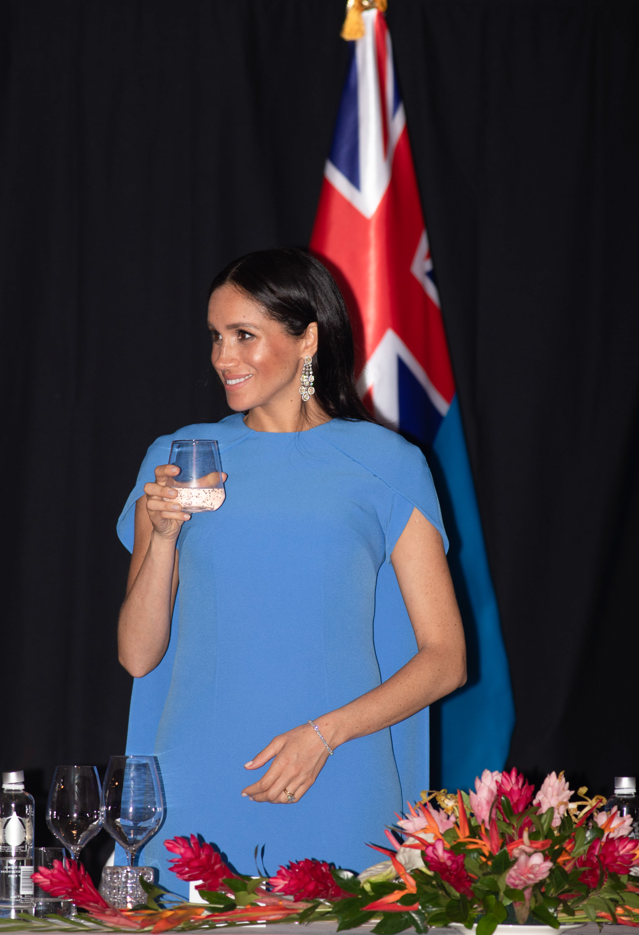 Meghan wore a pair of diamond earrings given to her by Saudi prince Mohammed Bin Salman to a state banquet in Fiji in October 2018 (Photo by Pool/Samir Hussein/WireImage)