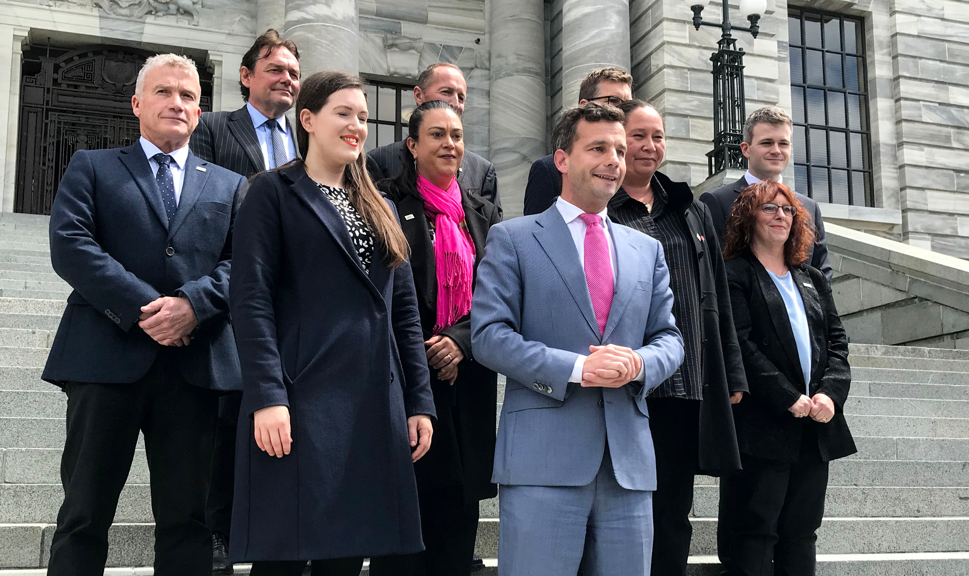 Act's parliamentary caucus on the steps of Parliament in Wellington. 