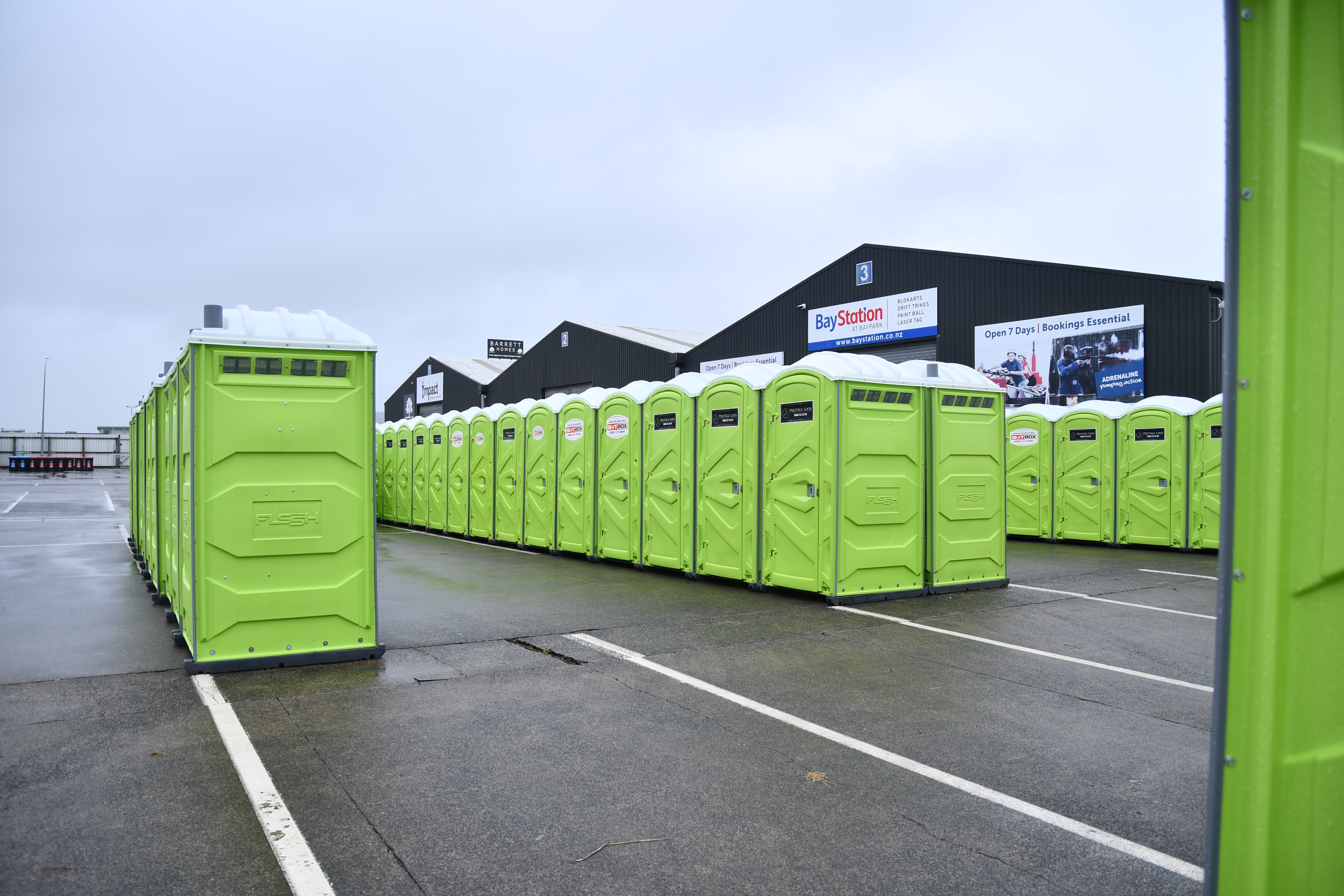 The rows of portaloos were ready and waiting for the thousands expected at the cancelled Juicy Fest Tauranga. Photo / Laura Smith