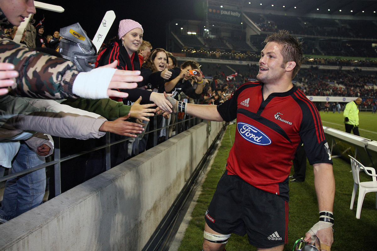 Skipper Richie McCaw meets the crowd after the Crusaders won the 2008 Super 14 final. Photo / Photosport
