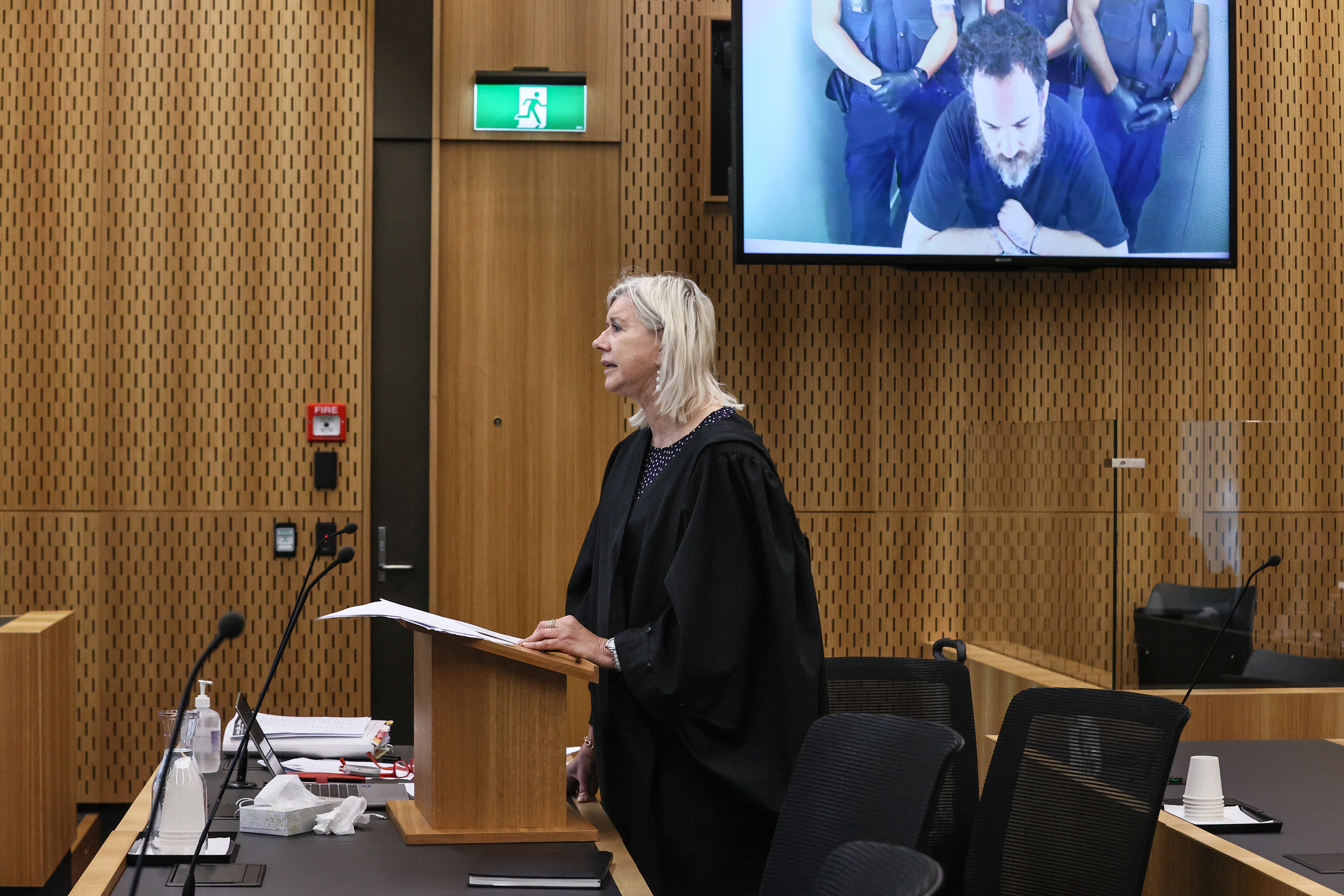 Crown prosecutor Pip Currie at sentencing for murderer Nathan Boulter, who attended via audio-visual link from another room in the High Court at Christchurch. Photo / Chris Skelton, pool