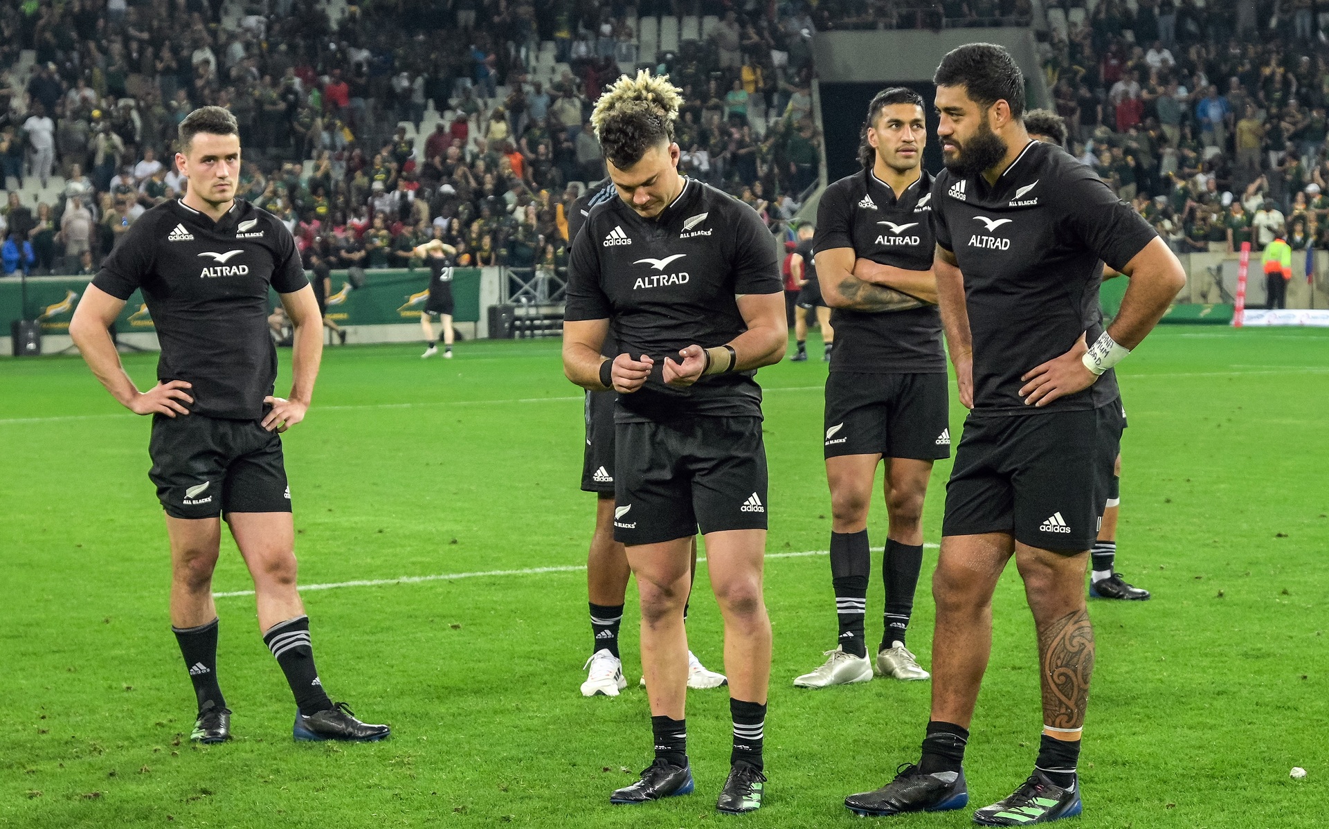Dejected All Blacks David Havili and Akira Ioane after losing the match to the Springboks. Photosport