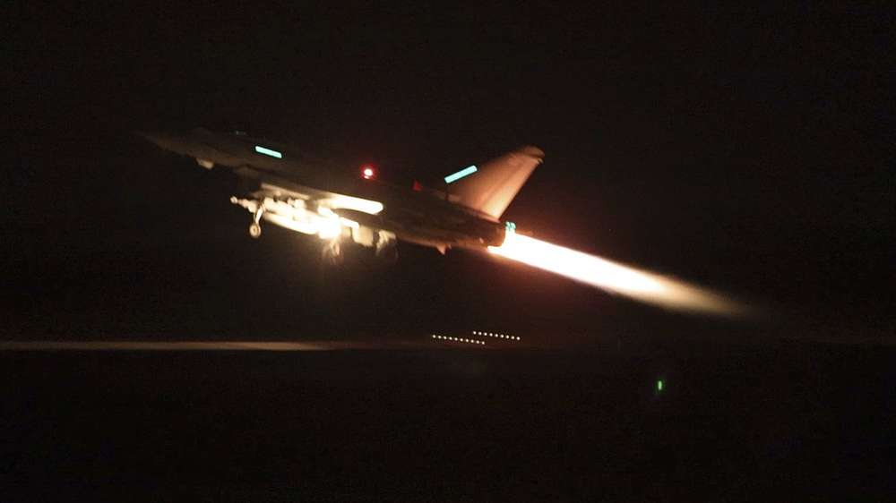 An RAF Typhoon aircraft taking off from RAF Akrotiri in Cyprus, for a mission to strike targets in Yemen. The US and British militaries bombed more than a dozen sites used by the Iranian-backed Houthis in Yemen. Photo / UK Ministry of Defence via AP