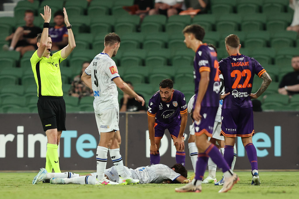 Hiroki Sakai was left prone after a blow to the head against Perth Glory. Photo / Getty Images