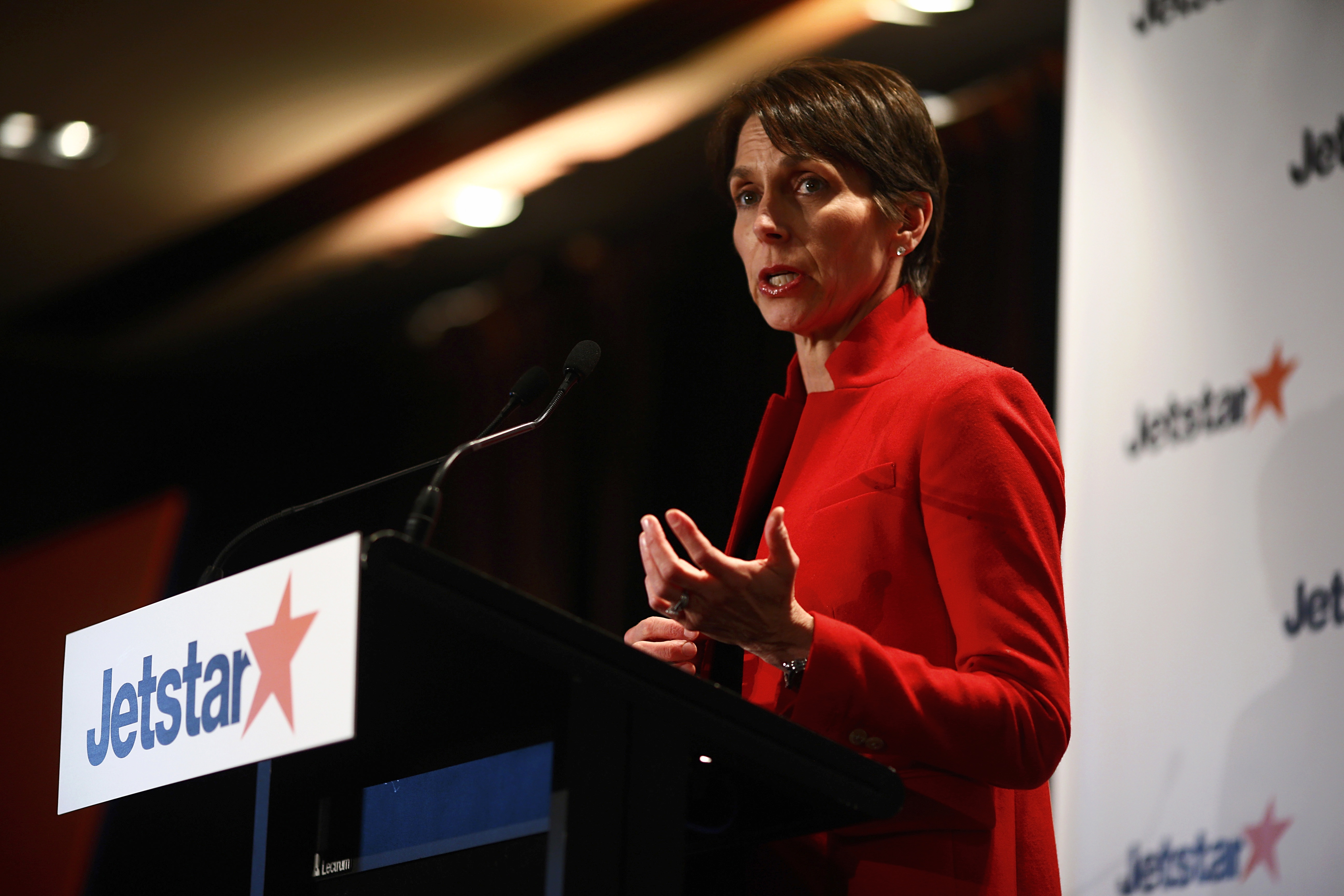 The competition: Jetstar Group CEO Jayne Hrdlicker speaks at the Sofitel in 2015 having announced that the low-cost airline will introduce domestic expansion plans across New Zealand. Photo / Getty Images