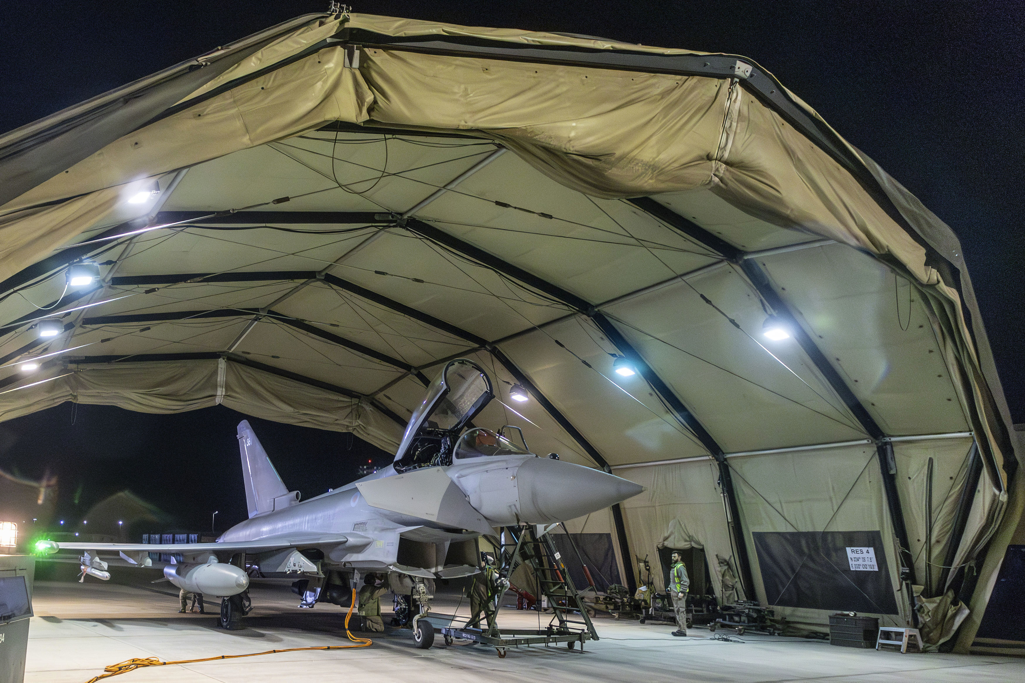 An RAF Typhoon aircraft returns to base at RAF Akrotiri in Cyprus, after striking targets in Yemen. Photo / UK Ministry of Defence via AP