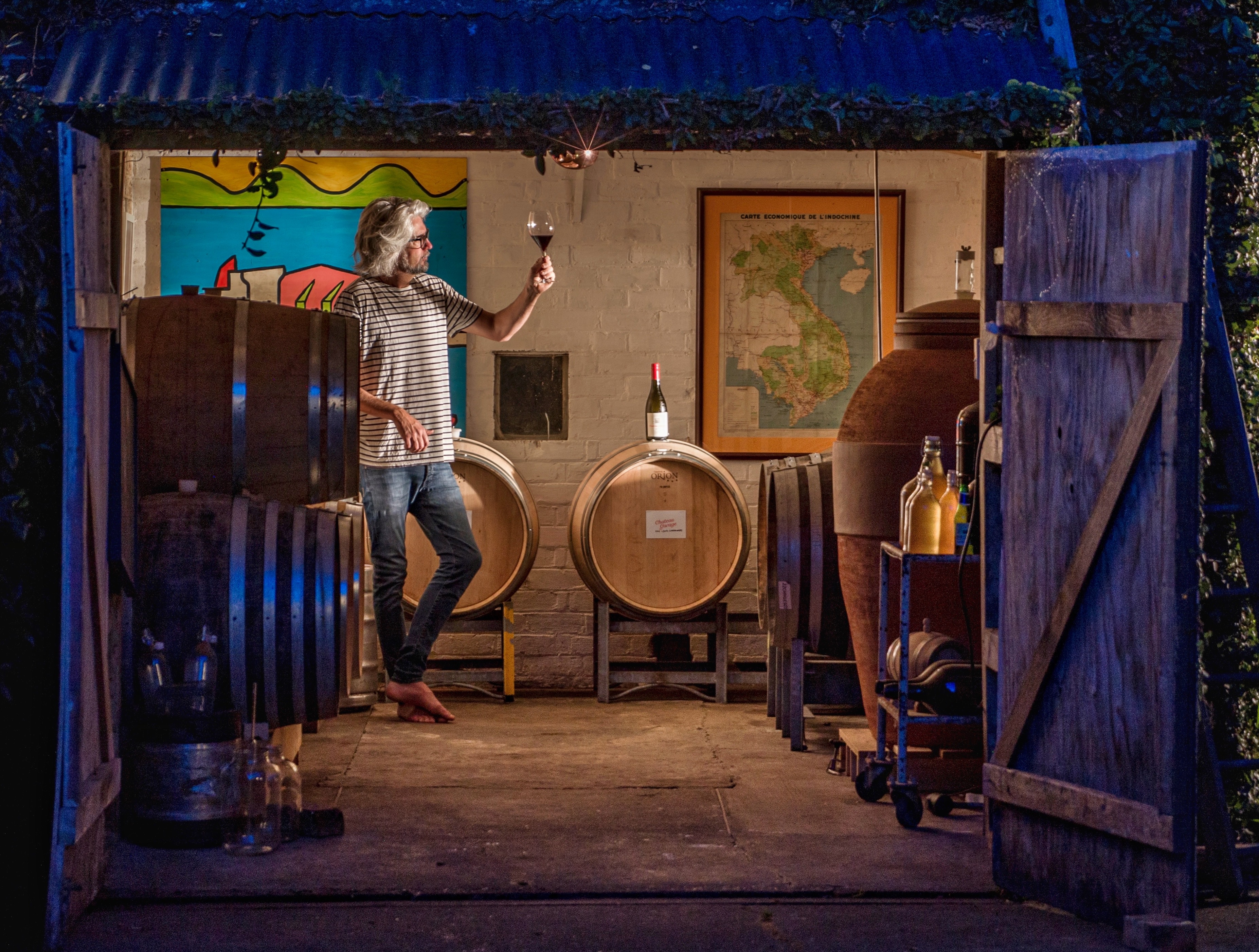 Chateau Garage winemaker Ollie Powrie in the 'tasting garage'.