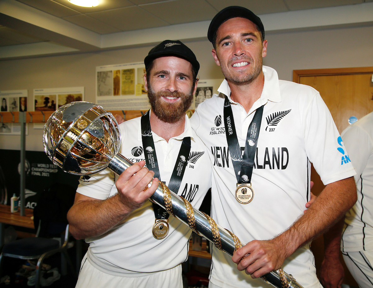 Kane Williamson and Tim Southee with the World Test Championship mace after victory over India in 2021. Photo / Photosport