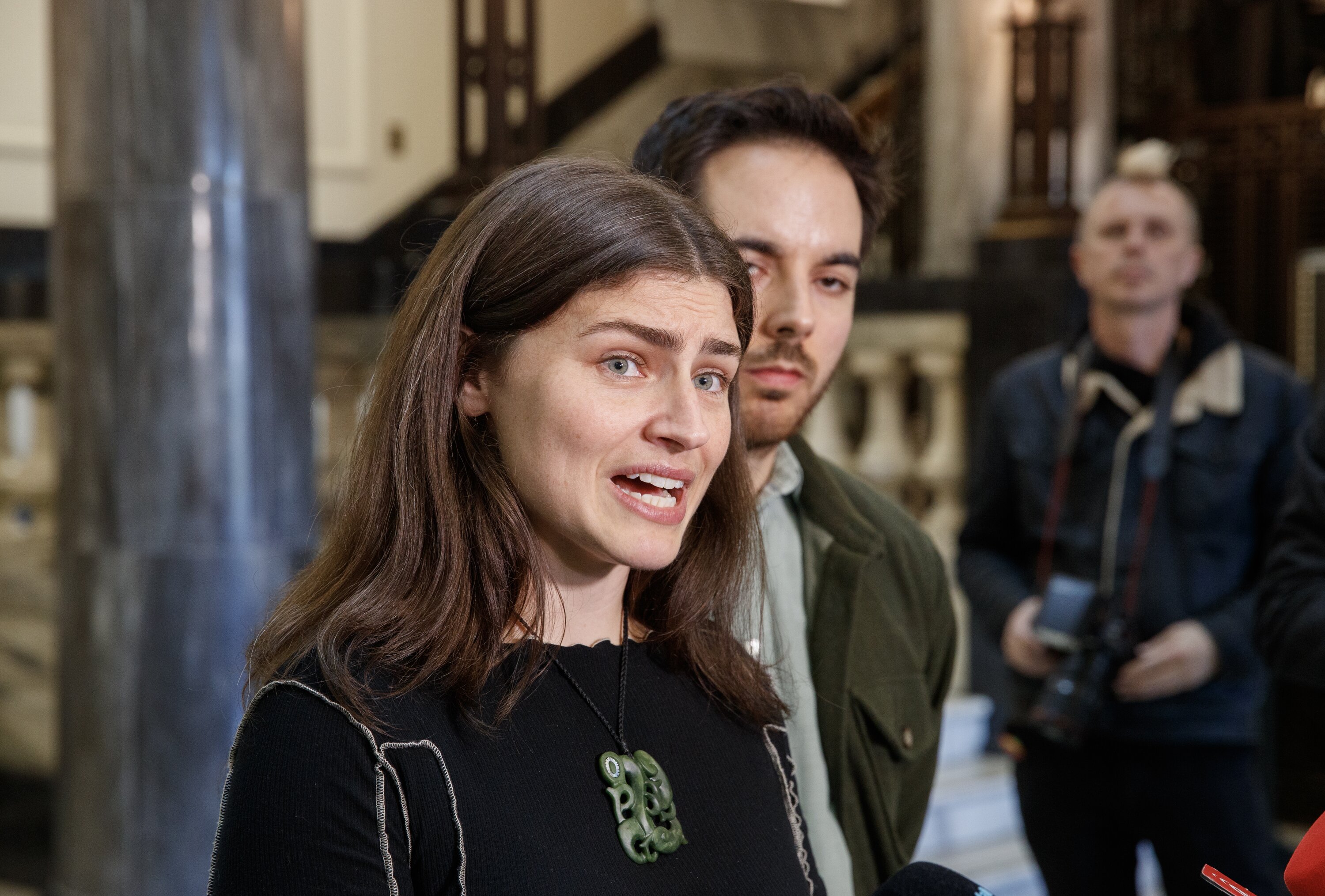 Green Party co-leader Chlöe Swarbrick, with whip Ricardo Menendez March. Photo / Mark Mitchell 