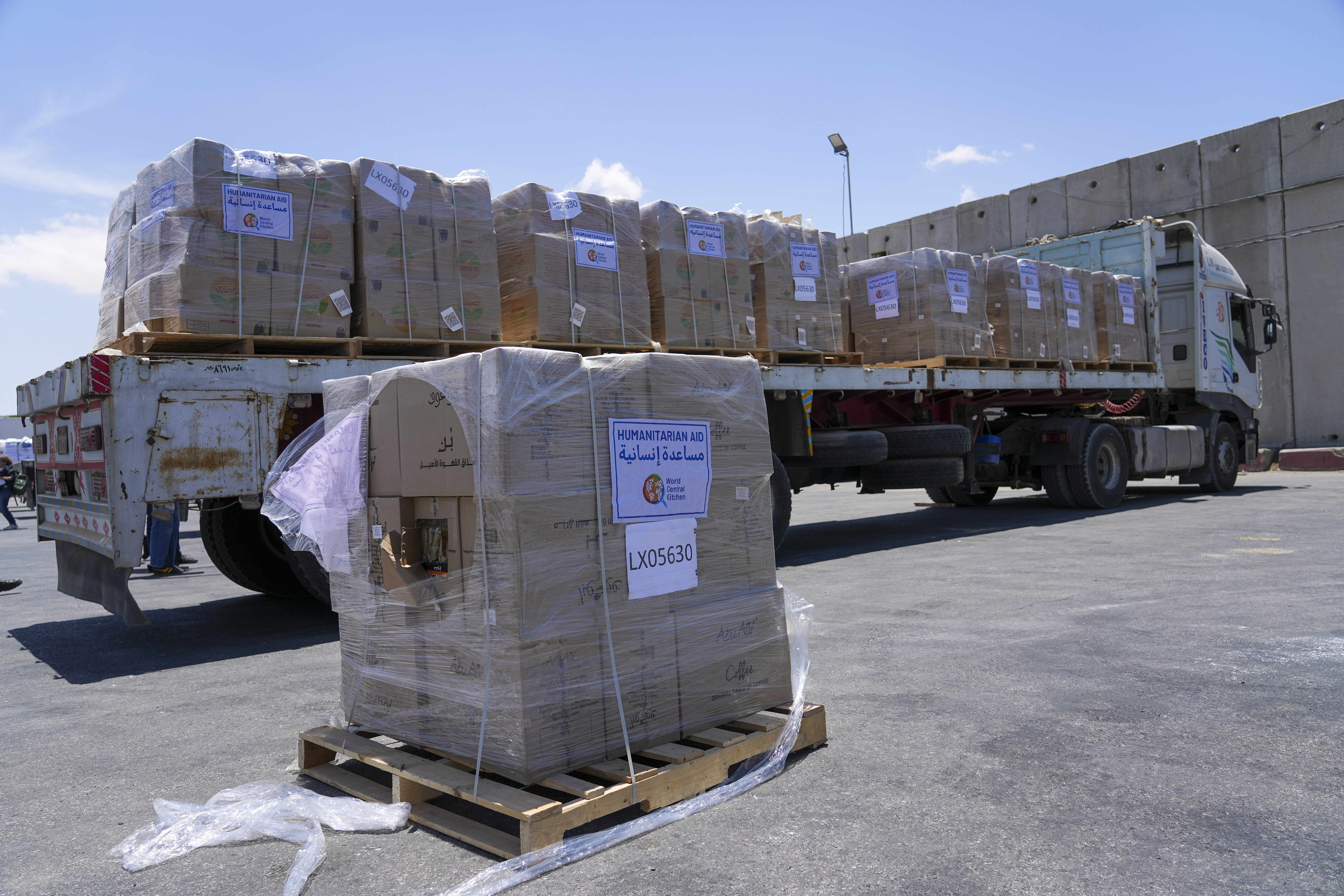 A bundle of humanitarian aid for the Gaza Strip with the logo of World Central Kitchen (WCK) by an aid truck at the Kerem Shalom border crossing in southern Israel. Photo / AP