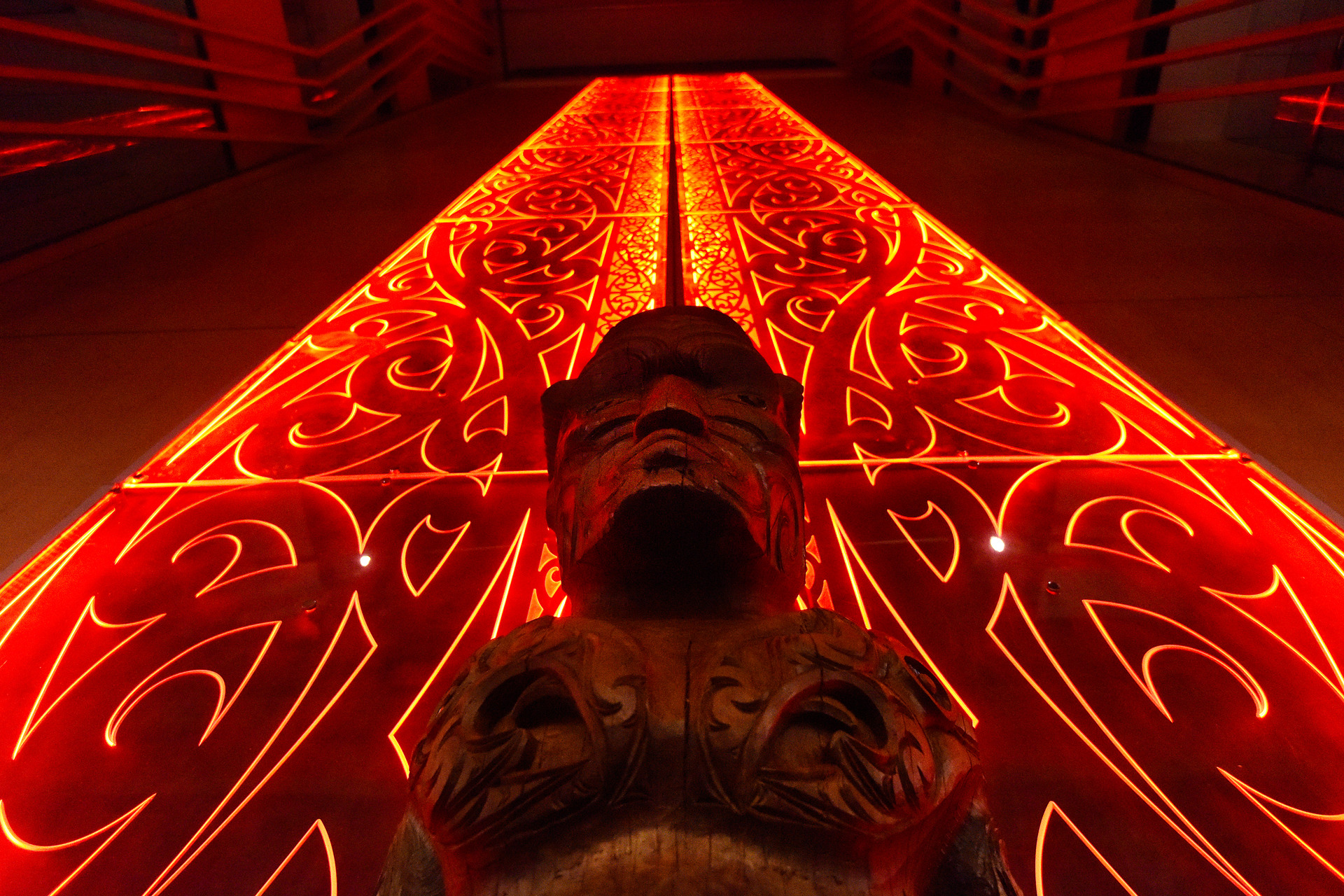 An 18 metre-high poutokomanawa panel is illuminated from the first level to the fourth level in the central atrium. Photo/ George Novak