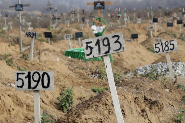 This November 16 image from video shows some of the new graves which have been dug since the Russian siege began, at the Staryi Krym cemetery on the outskirts of the occupied Ukrainian city of Mariupol. Most are marked only by number. The Associated Press estimated at least 10,300 new graves in and around Mariupol -  8500 in this cemetery - by analysing satellite imagery from early March through December, noting sections where the earth had been disturbed. Photo / AP