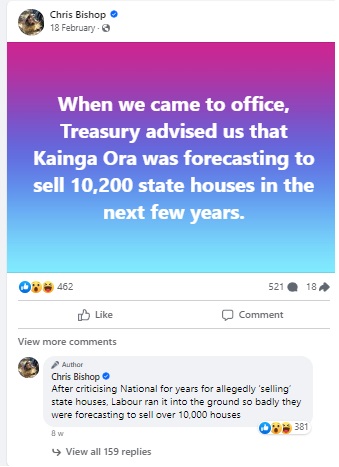 A Facebook post accusing the former Government of planning to sell public houses. Photo / Facebook
