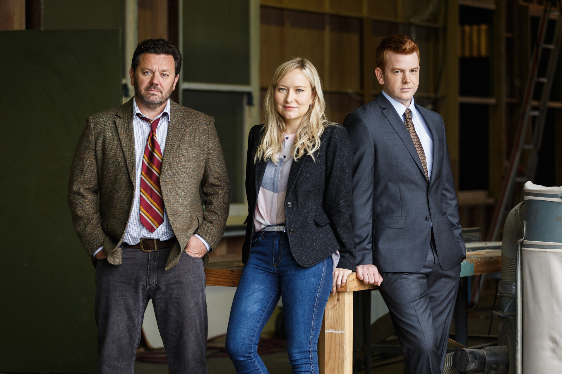 The original cast of The Brokenwood Mysteries: Neill Rea, Fern Sutherland and Nic Sampson.
