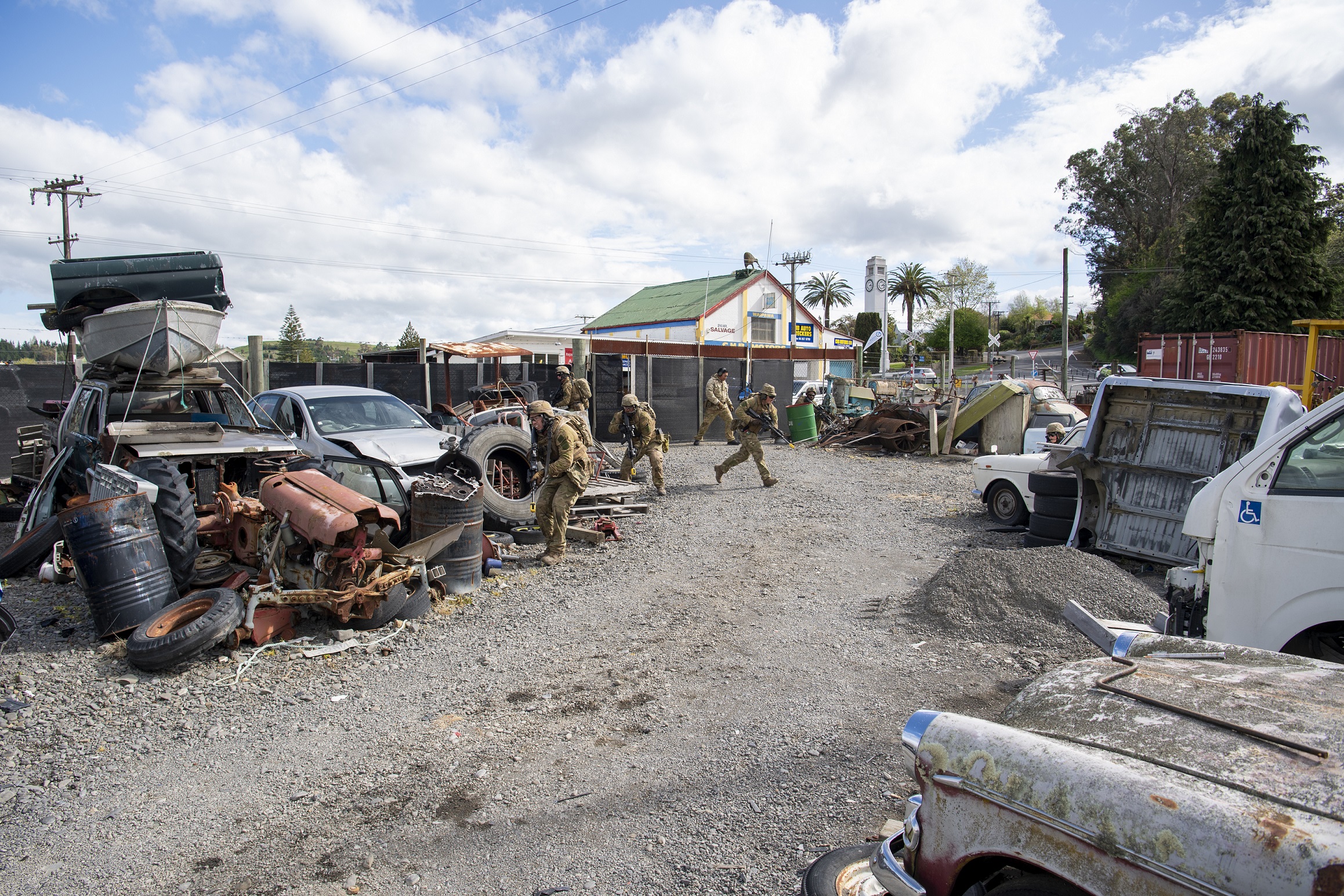A training exercise this year involving officer cadets sees a Waipawa car yard searched for enemy soldiers.