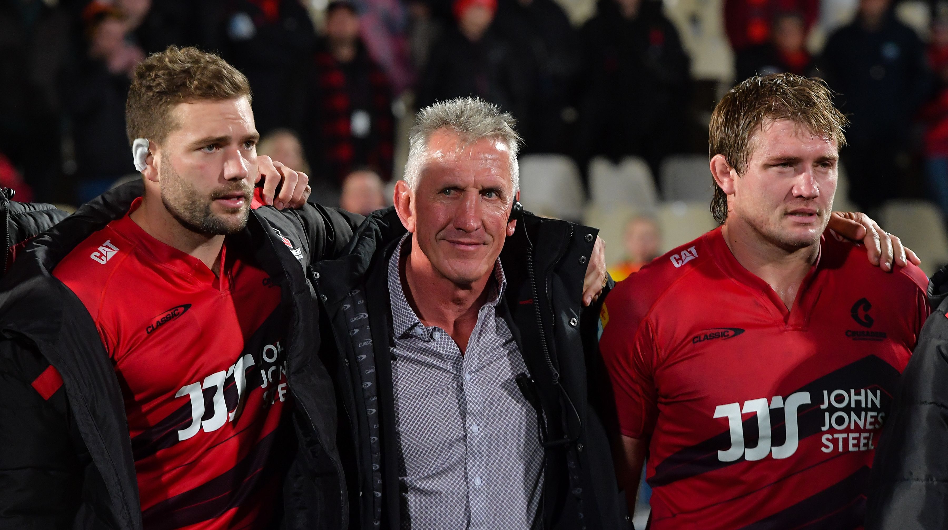 Crusaders lock Antonio Shalfoon (from left) with coach Rob Penney and Ethan Blackadder after winning against the Blues earlier this year. Photo / Photosport