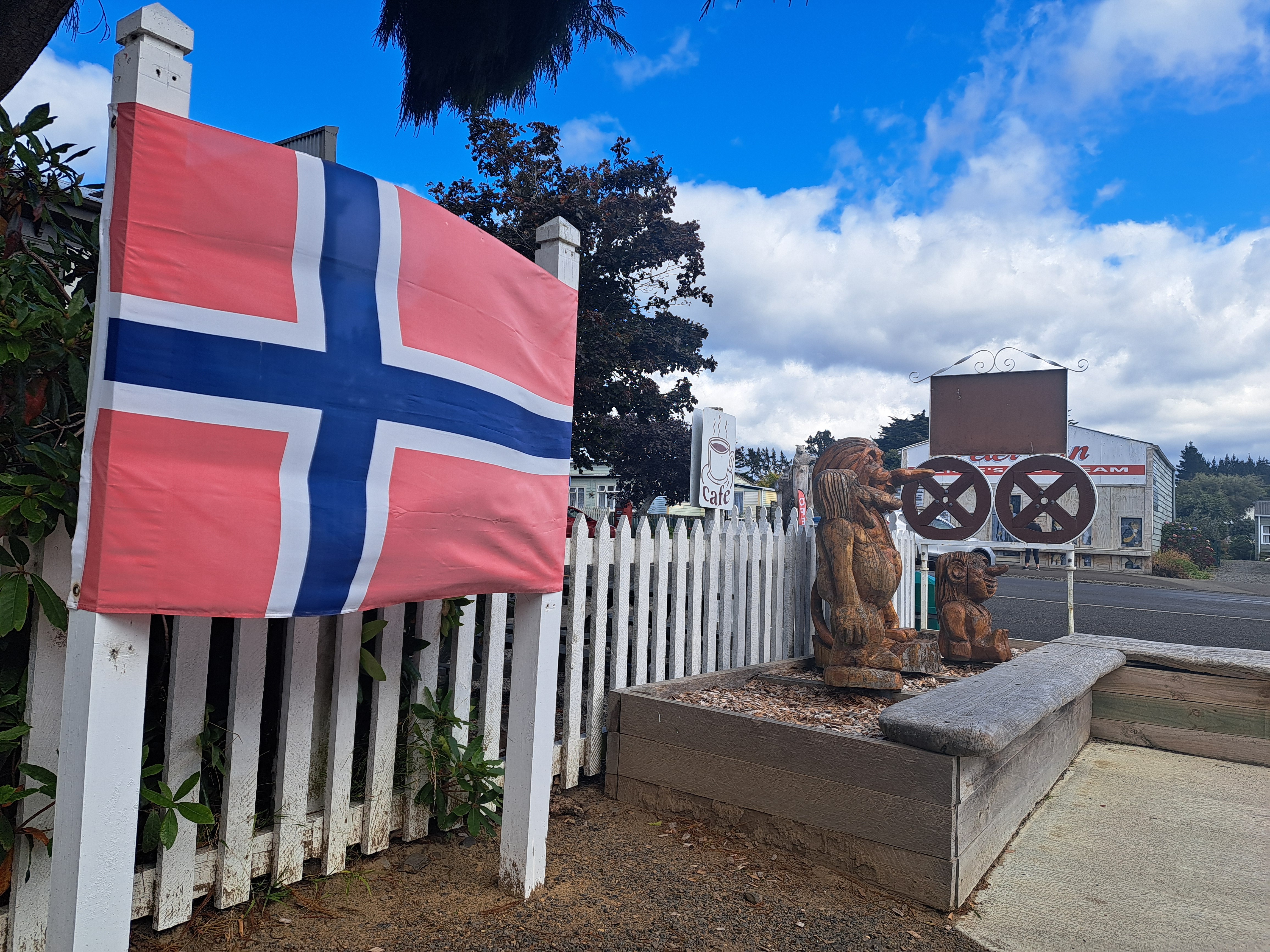 One of several Norwegian flags displayed in the small village of Norsewood. Photo / Neil Reid