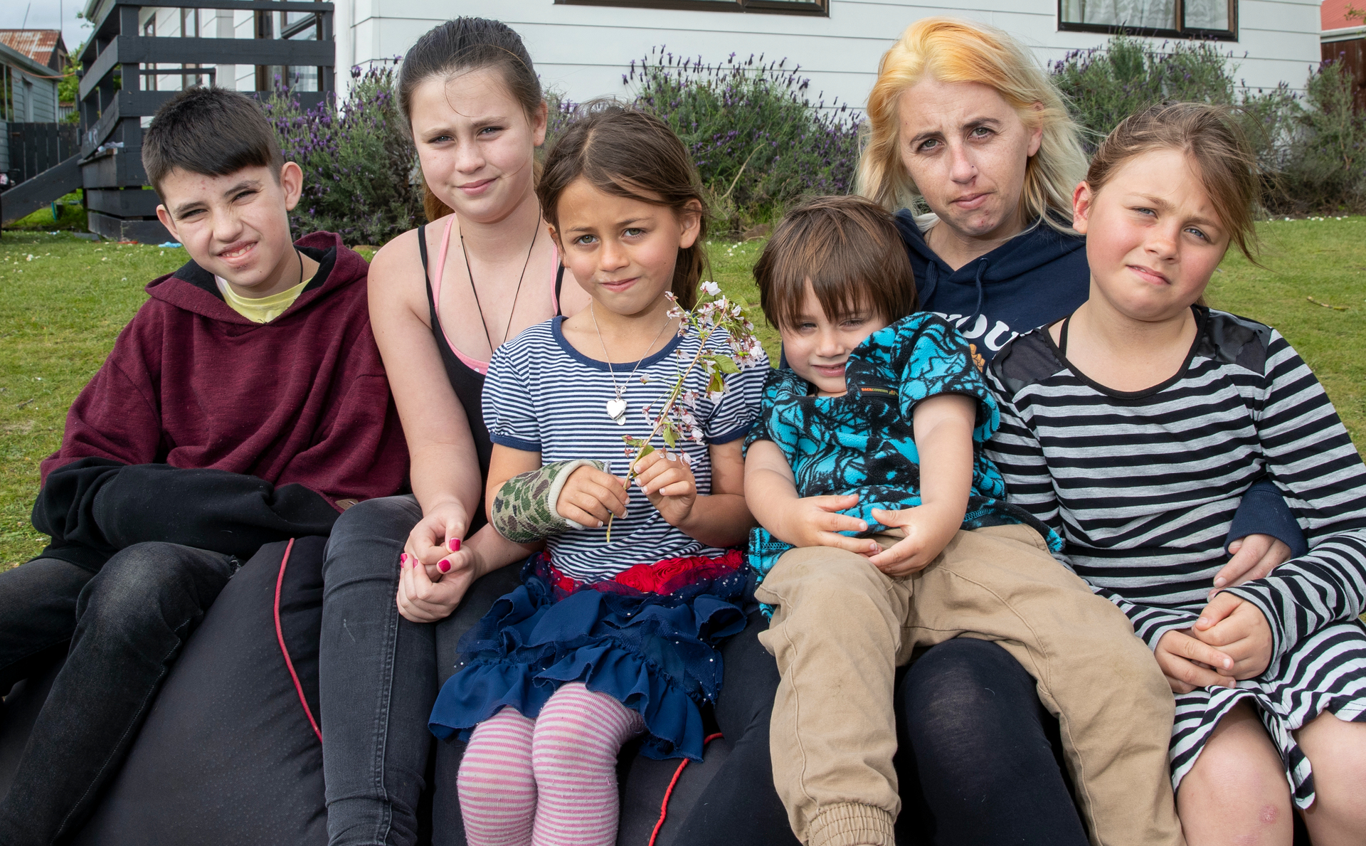 Danielle Gartner with her children, from left, 13-year-old Baylee, 11-year-old Kaysey, 7-year-old Jennah, 4-year-old Anthony and 9-year-old Izzy. Photo / Mark Mitchell
