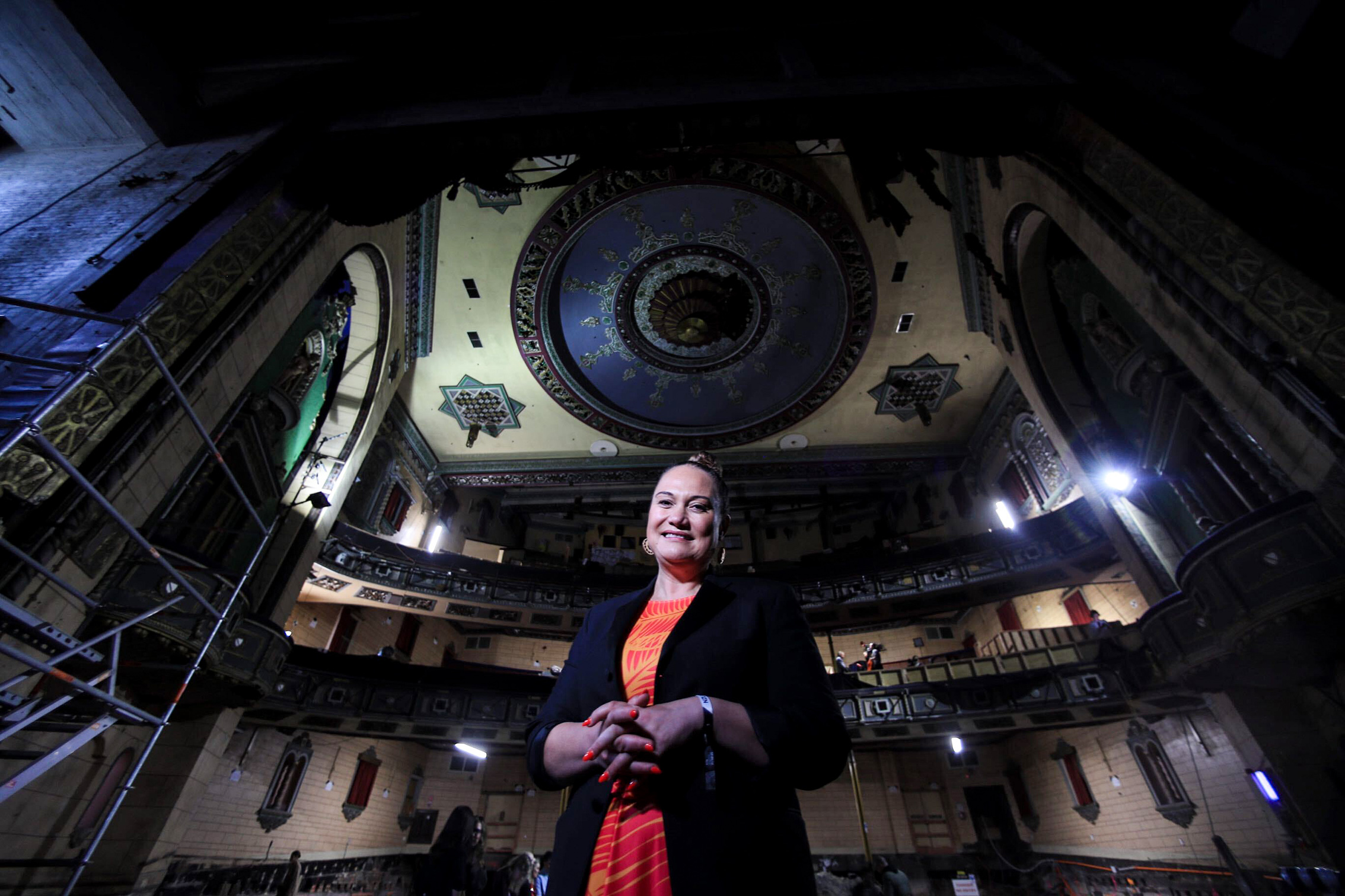 Minister for Auckland Carmel Sepuloni in the St James Theatre on Queen St, which has received Government investment for restoration.
Photo / Hayden Woodward