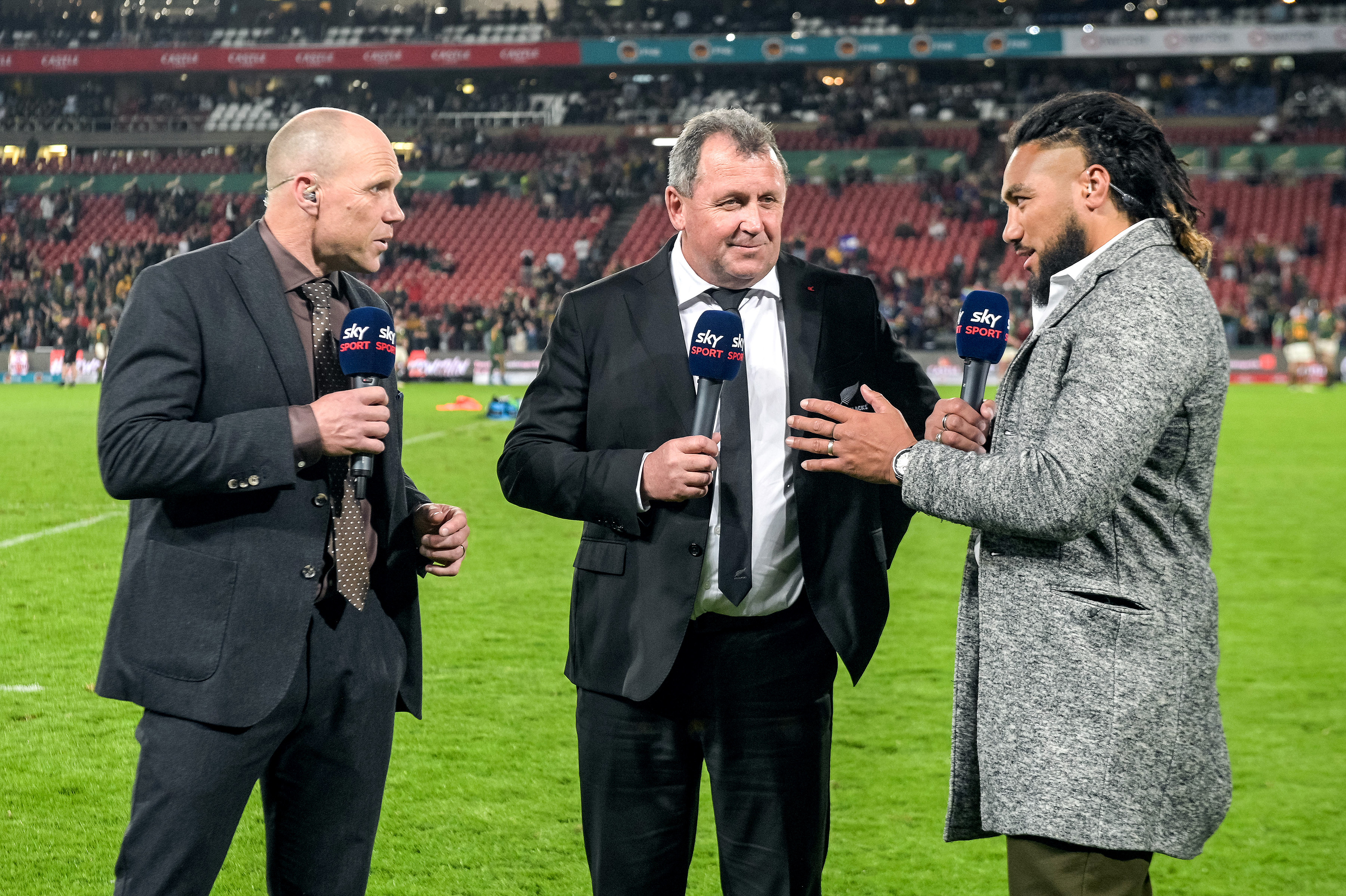 All Black coach Ian Foster with Sky Sport commentators Jeff Wilson and Ma'a Nonu after the Ellis Park win. Photo / Photosport