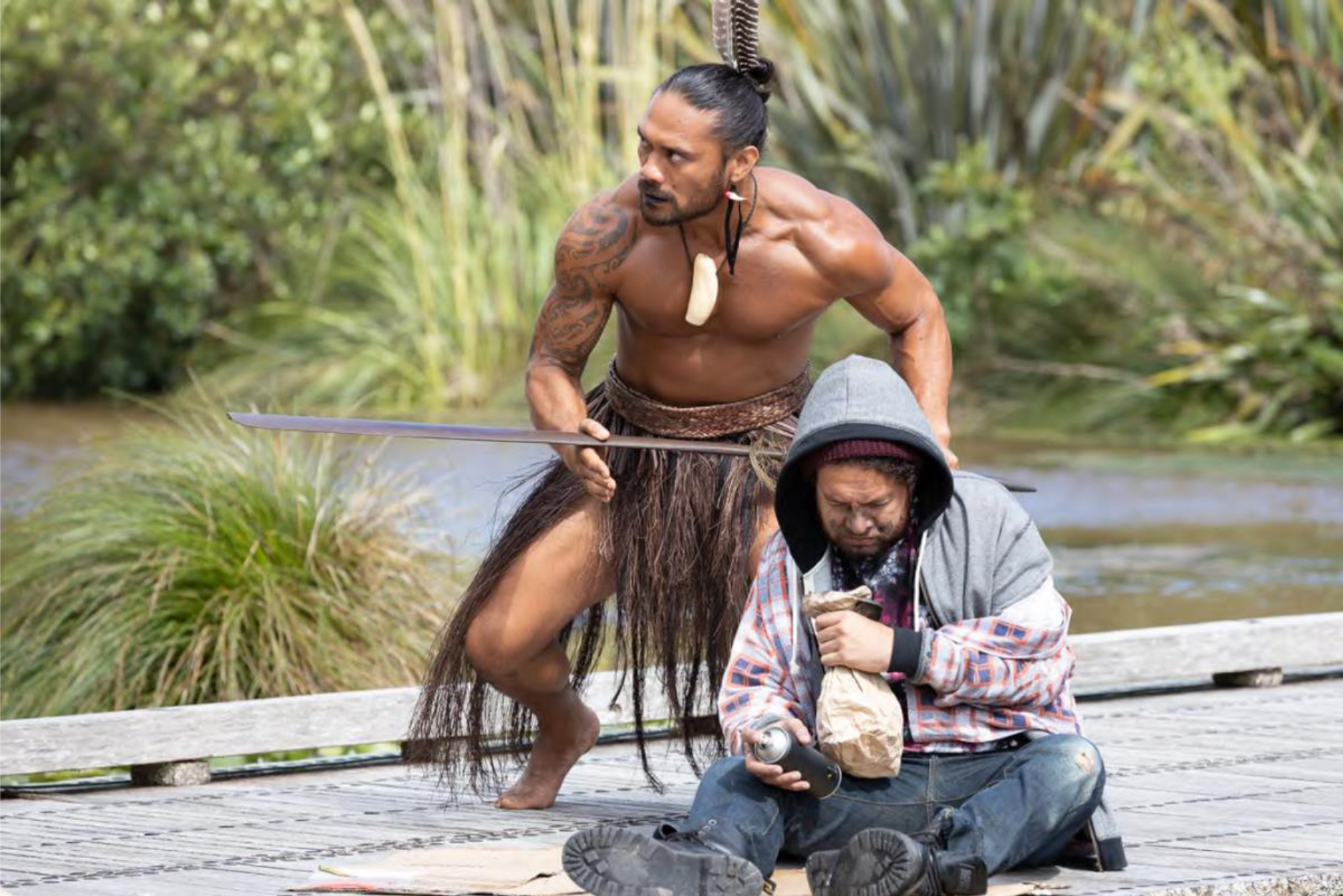 Actors Edmund Eramiha (standing) and Scotty Cotter in a scene filmed at the Bason Botanic Gardens in Whanganui.

Photo / Bruce Mackay