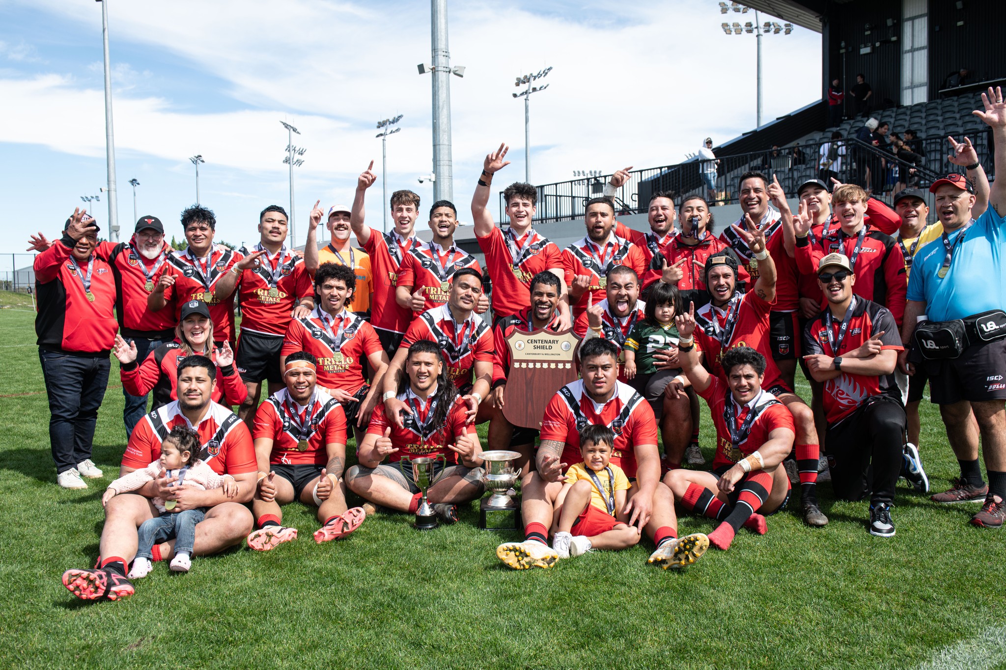 The Canterbury Bulls celebrate the National Championship title, after a 36-22 win over the Wellington Orcas. Photo / Matty Louis Photography