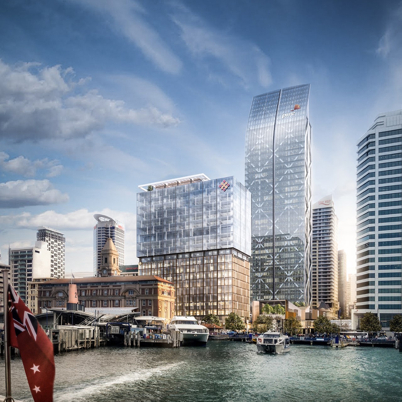 Precinct Properties would like to build another skyscraper like Commercial Bay (tall tower) on the site of the Downtown Car Park Building. Photo / Supplied