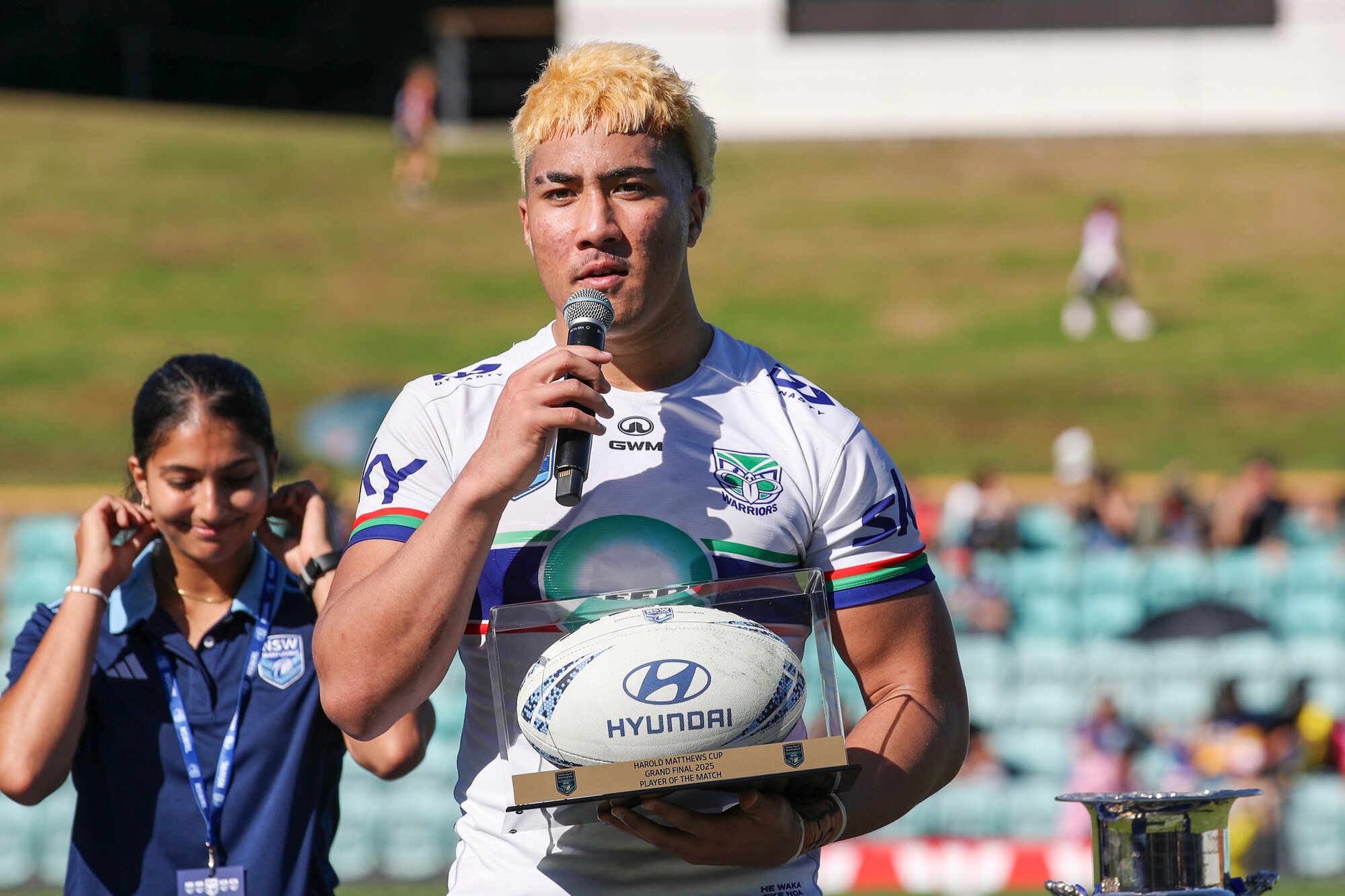 Bishop Neal pictured after being awarded the player-of-the-match award for the Warriors in the Harold Matthews Cup final in May. Photo / Photosport