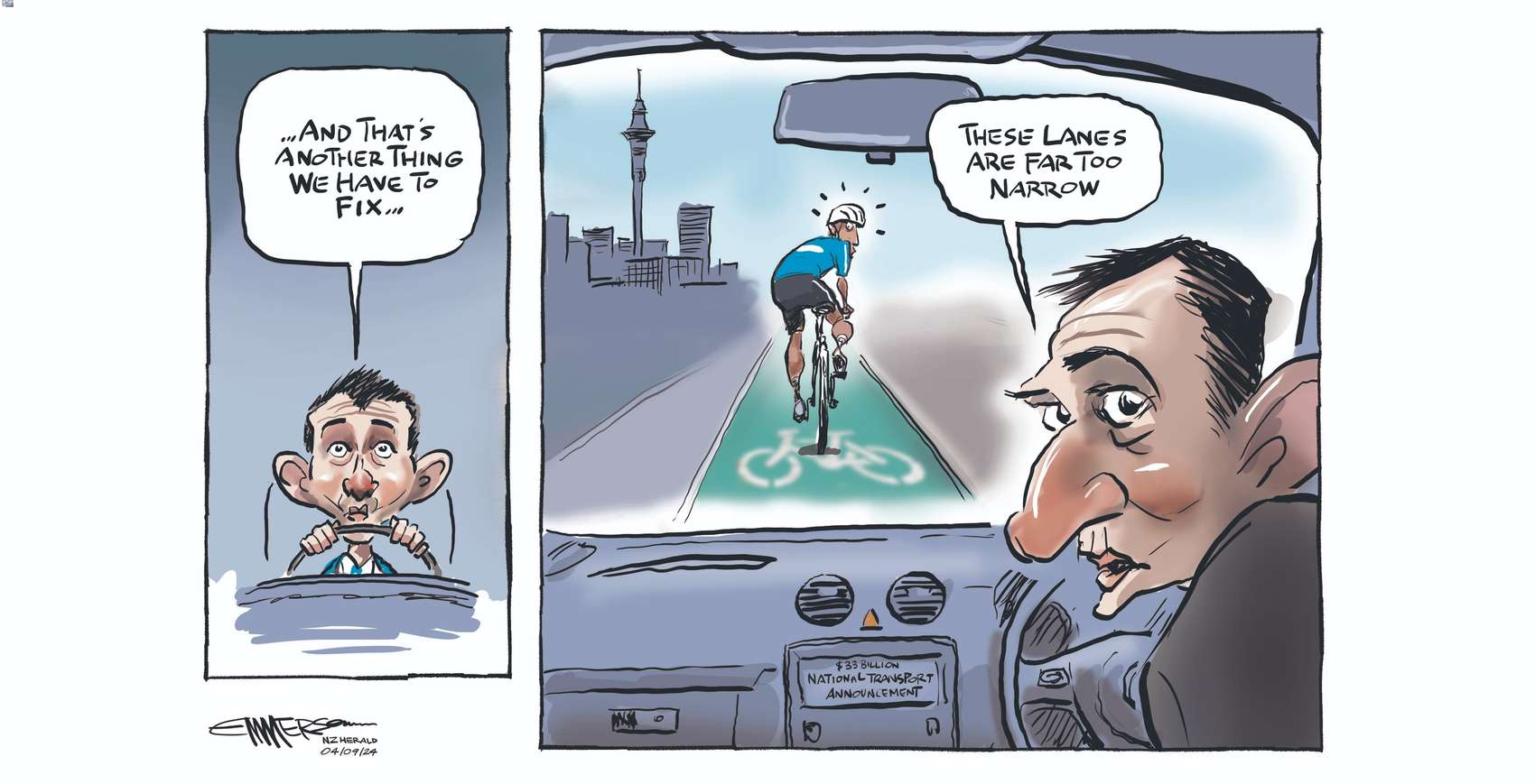Has there ever been a politician as obsessed with cycleways as Simeon Brown? Illustration / Rod Emmerson