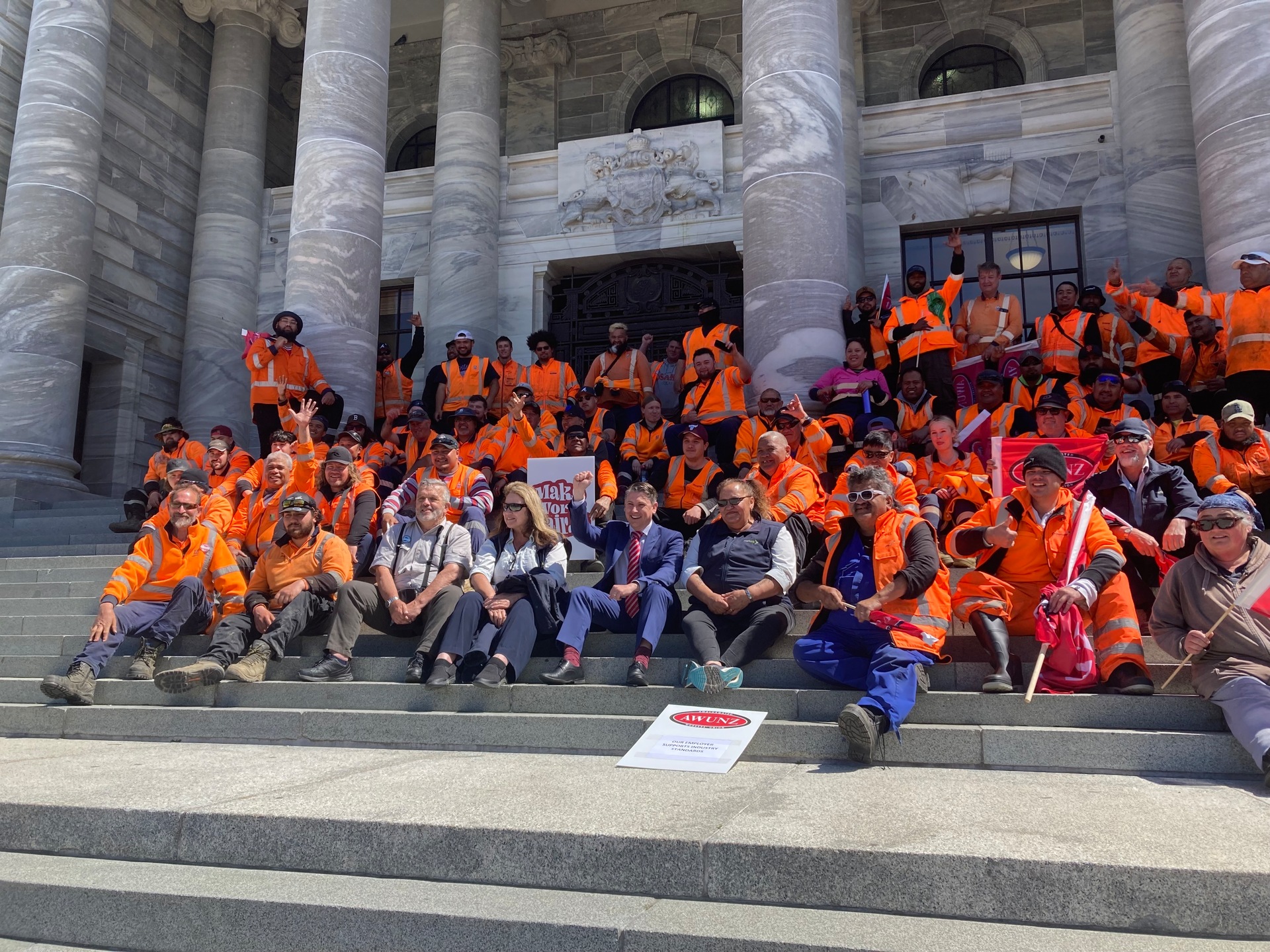Workplace Relations Minister Michael Wood with unions outside Parliament ahead of Fair Pay Agreements legislation passing. Photo / Michael Neilson