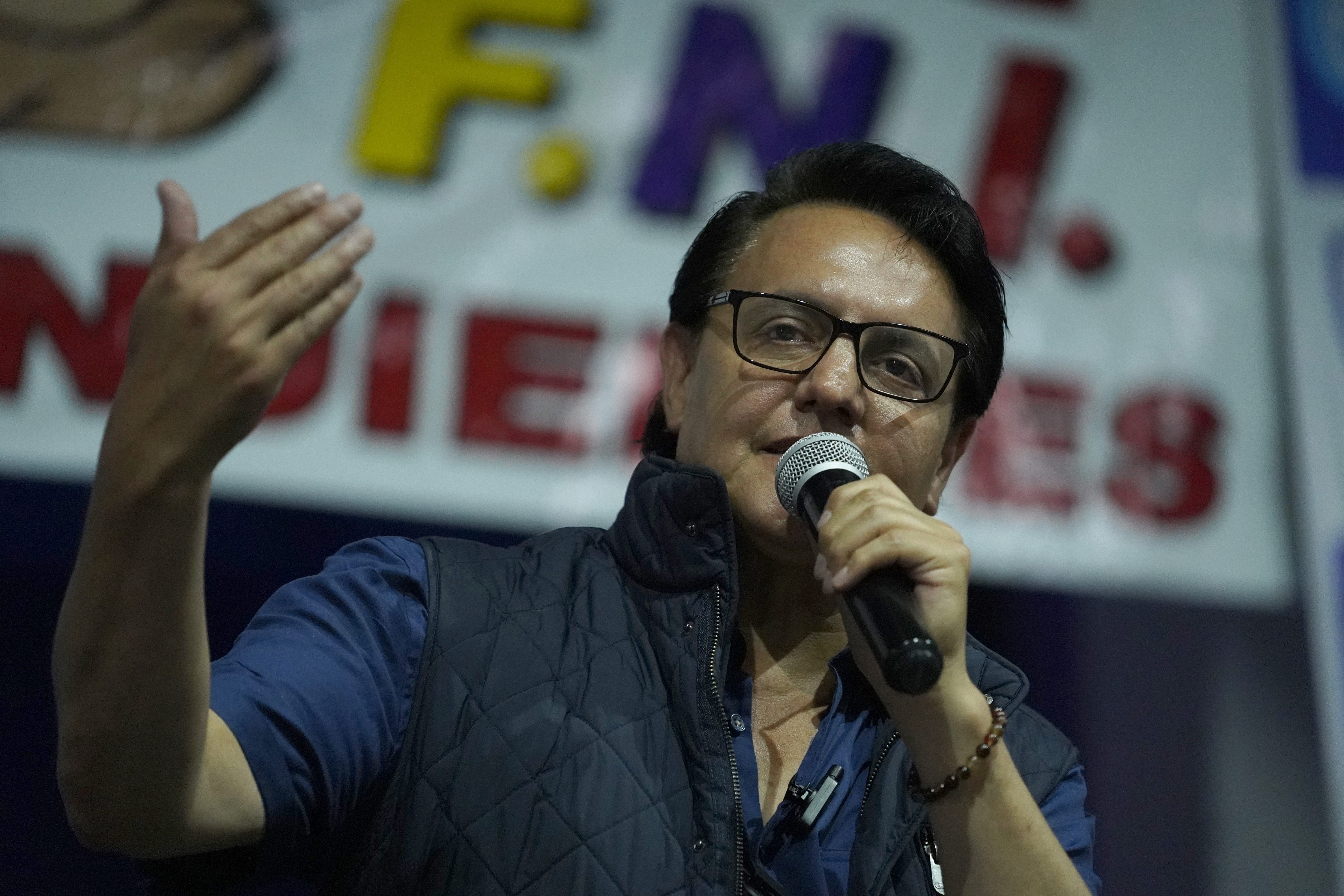 Presidential candidate Fernando Villavicencio speaks during a campaign event at a school minutes before he was shot. Photo / AP