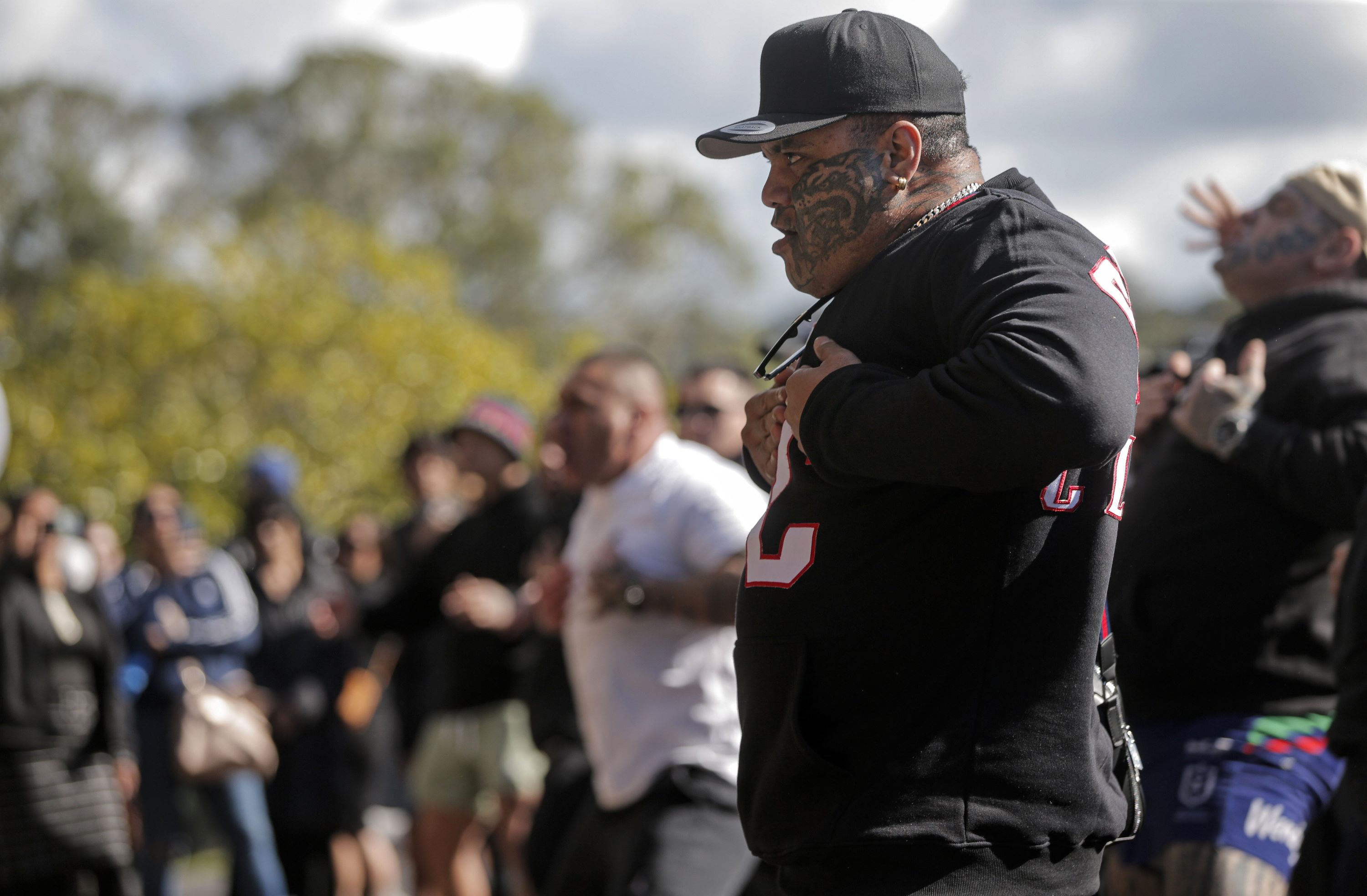 A mourner performs a haka at the funeral for Joanna Mai Sione-Lauaki at Schnapper Rock in Albany, Auckland. Photo / Alex Burton 