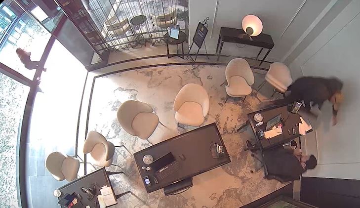 A CCTV still shows the moment shots were fired inside the lobby of Auckland's five-star Sofitel Hotel on April 15, 2021. Photo / Supplied