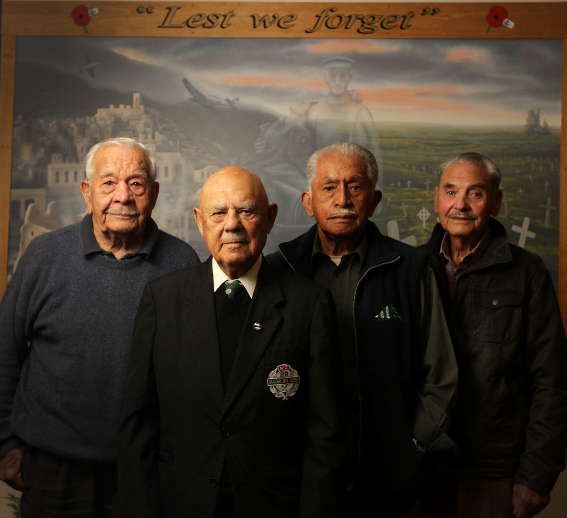 Sir Robert Gillies (far right) with fellow Battalion members in 2012 (from left) Aubery Balzer, Arthur Midwood and Puhi Patara. Photo / NZME 