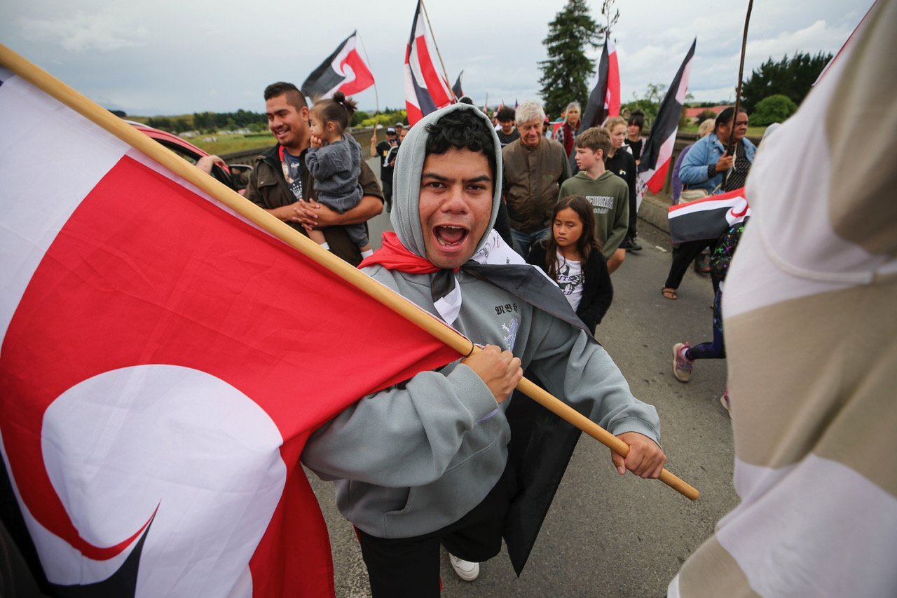 Flags were flying high at the protest. Photo / Paul Taylor