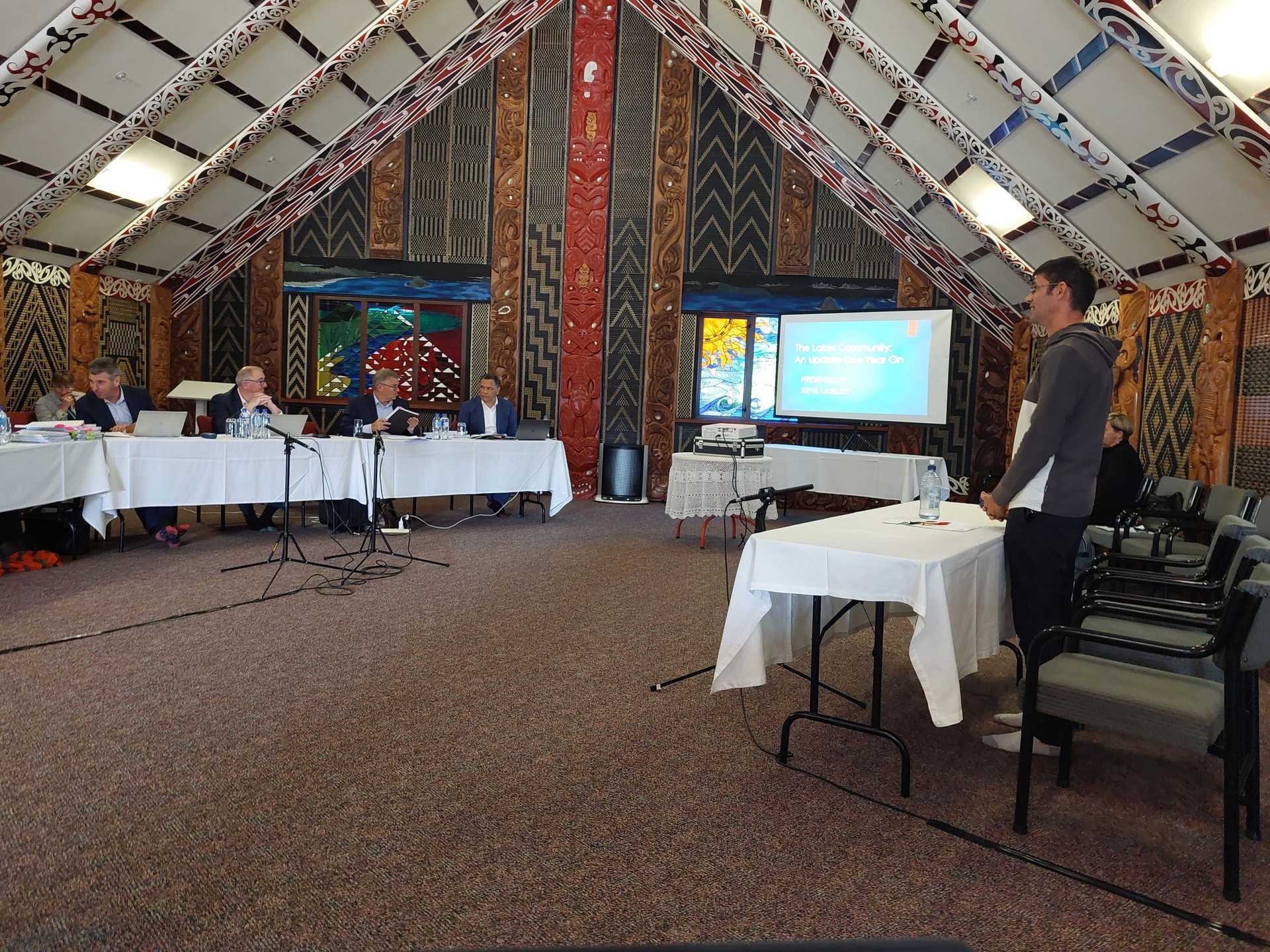 Stephen Lasslett (right) tells Tauranga City Council chief executive Marty Grenfell and commissioners Stephen Selwood, Bill Wasley and Shadrach Rolleston what he really thinks. Photo / Kiri Gillespie 