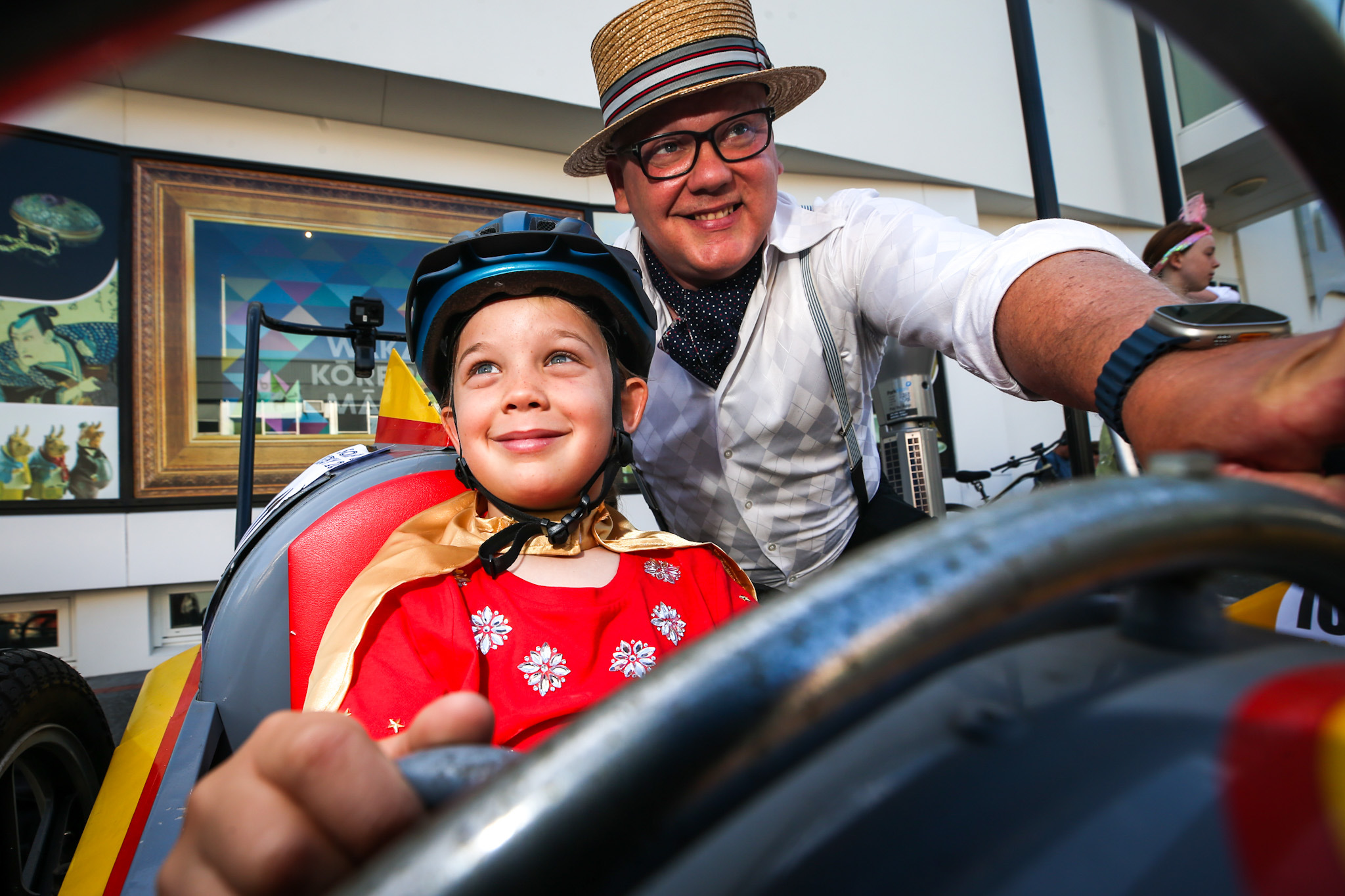Nigel Ford and son George Ford, 7, ahead of the soap box derby. Photo / Paul Taylor