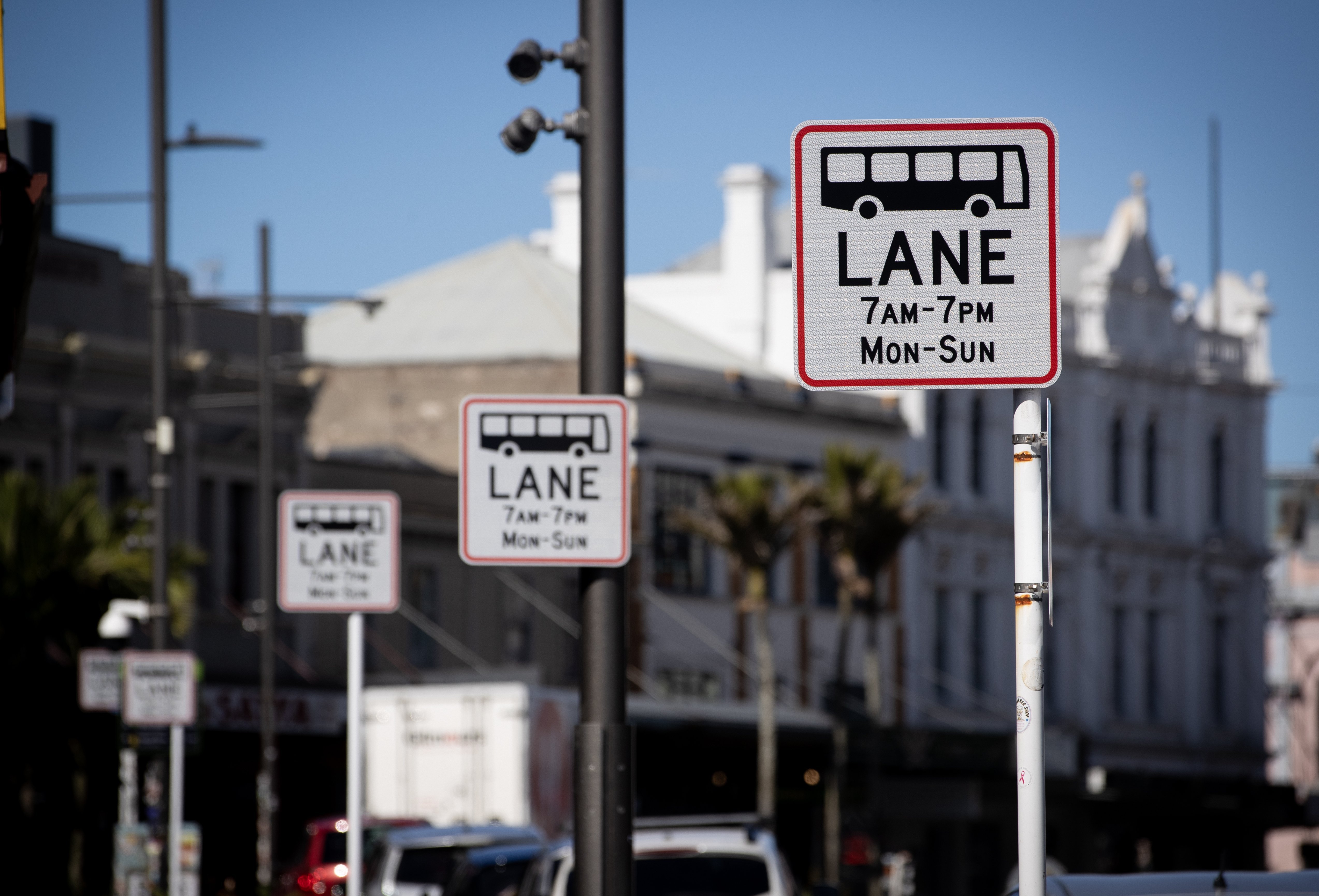 New signs erected on K Rd, signalling longer bus lane hours. Photo / Dean Purcell