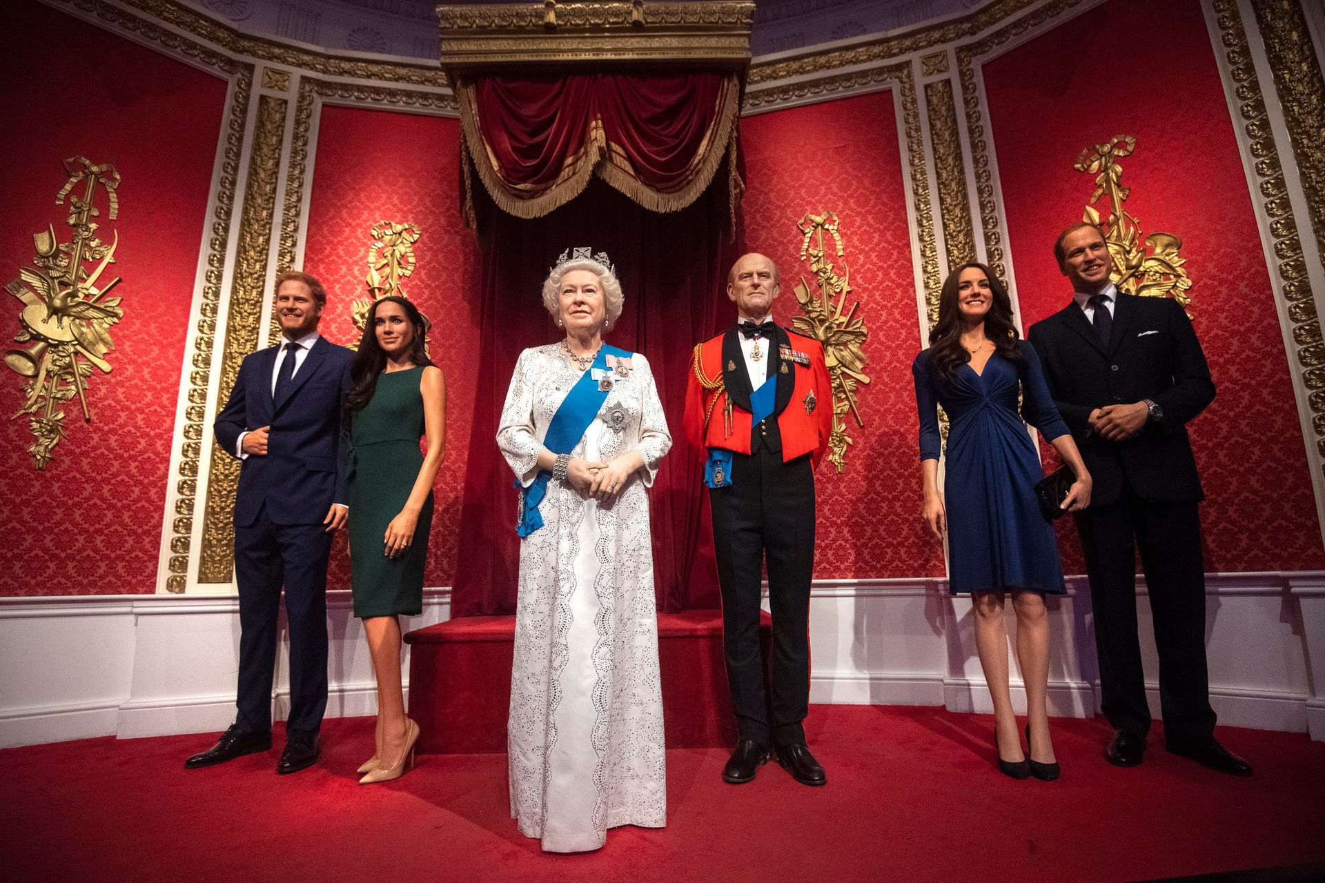 Wax replicas of the pair previously stood next to the Queen and the Duke of Edinburgh, with Kate Middleton and Prince Wiliam on the other side, seen, but have now been moved. Photo / PA