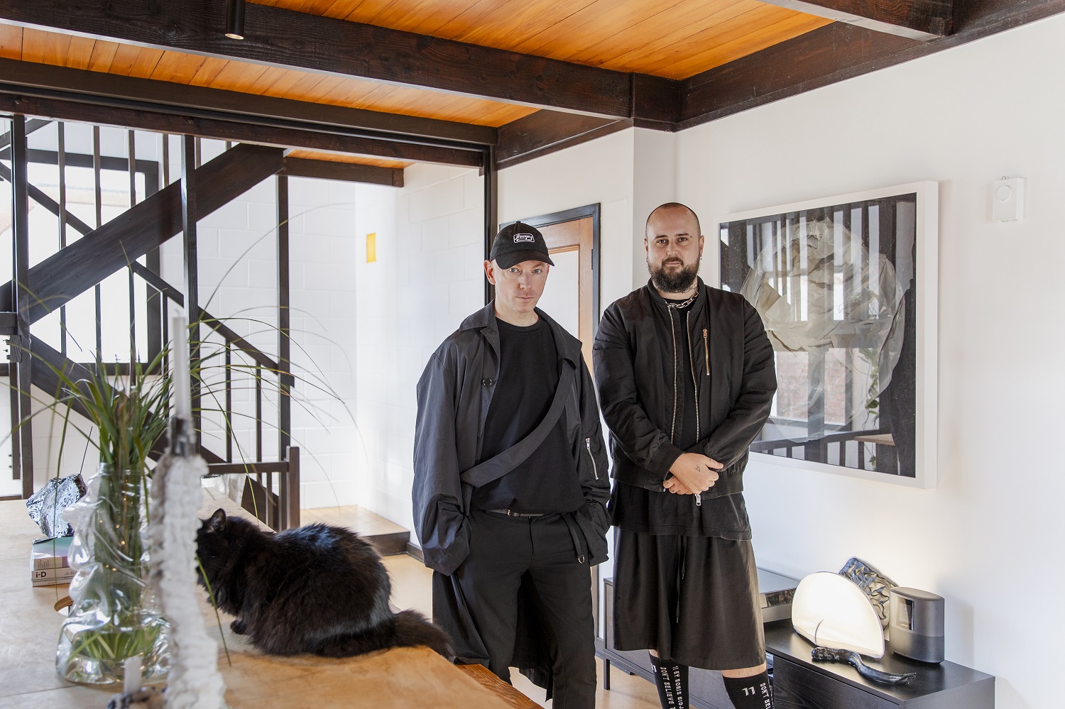 Fashion designer James Dobson and artist and gallerist Dan Sanders at home in Thorndon, Wellington. Photo / Olivia Melhop